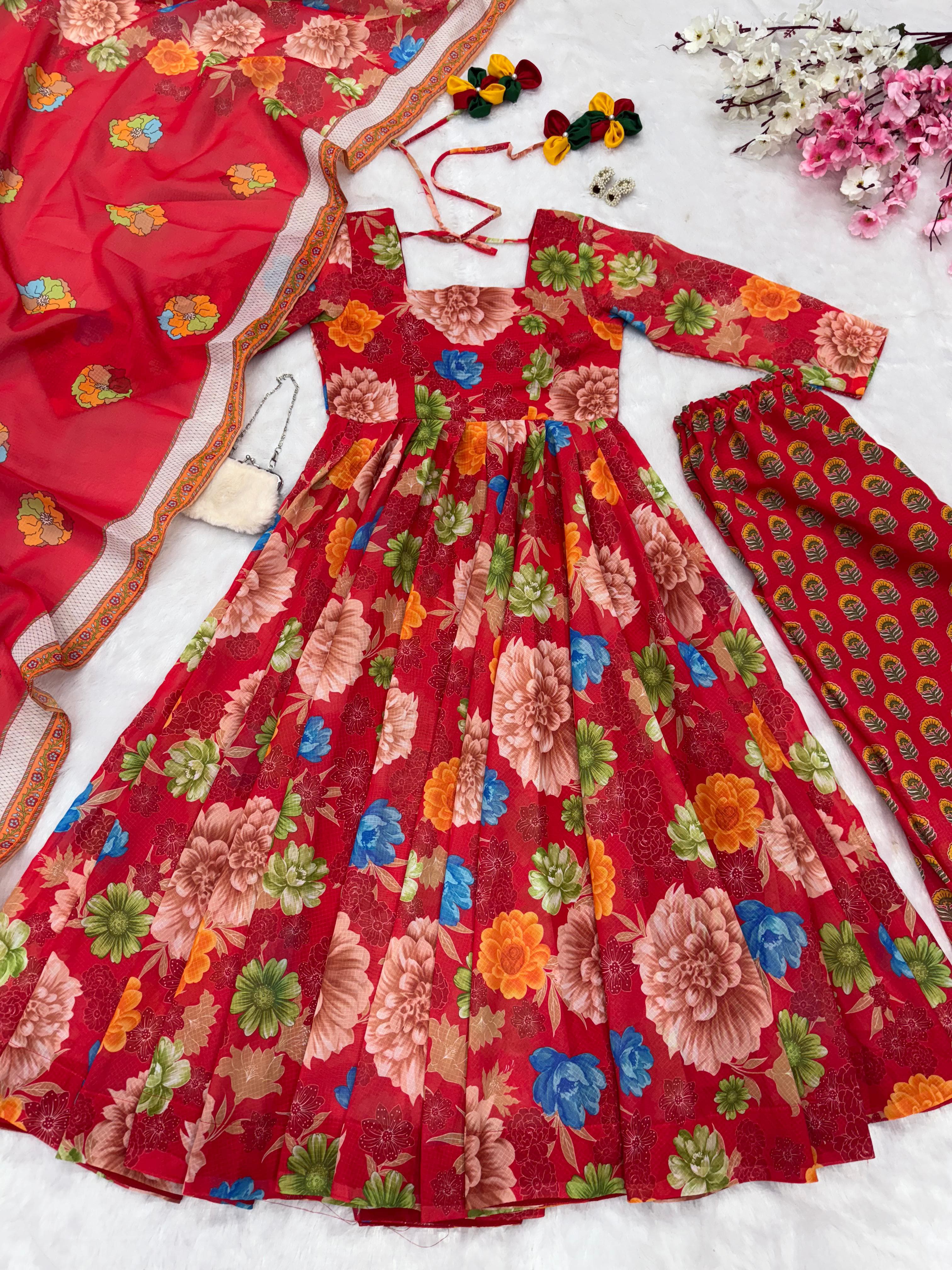 Wedding Wear Multi Color Pure Soft Chex Cotton Printed Anarkali Huge Flair Palazzo Suit Suit