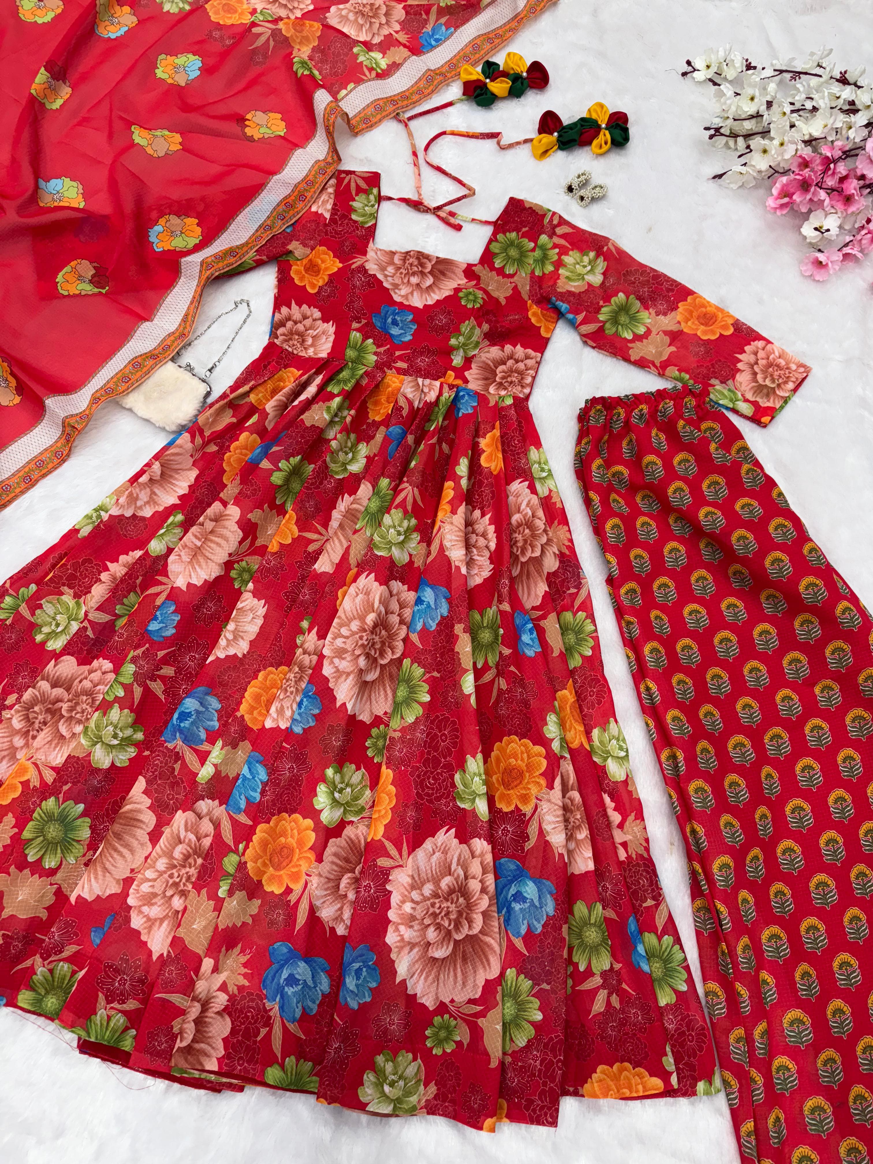 Wedding Wear Multi Color Pure Soft Chex Cotton Printed Anarkali Huge Flair Palazzo Suit Suit