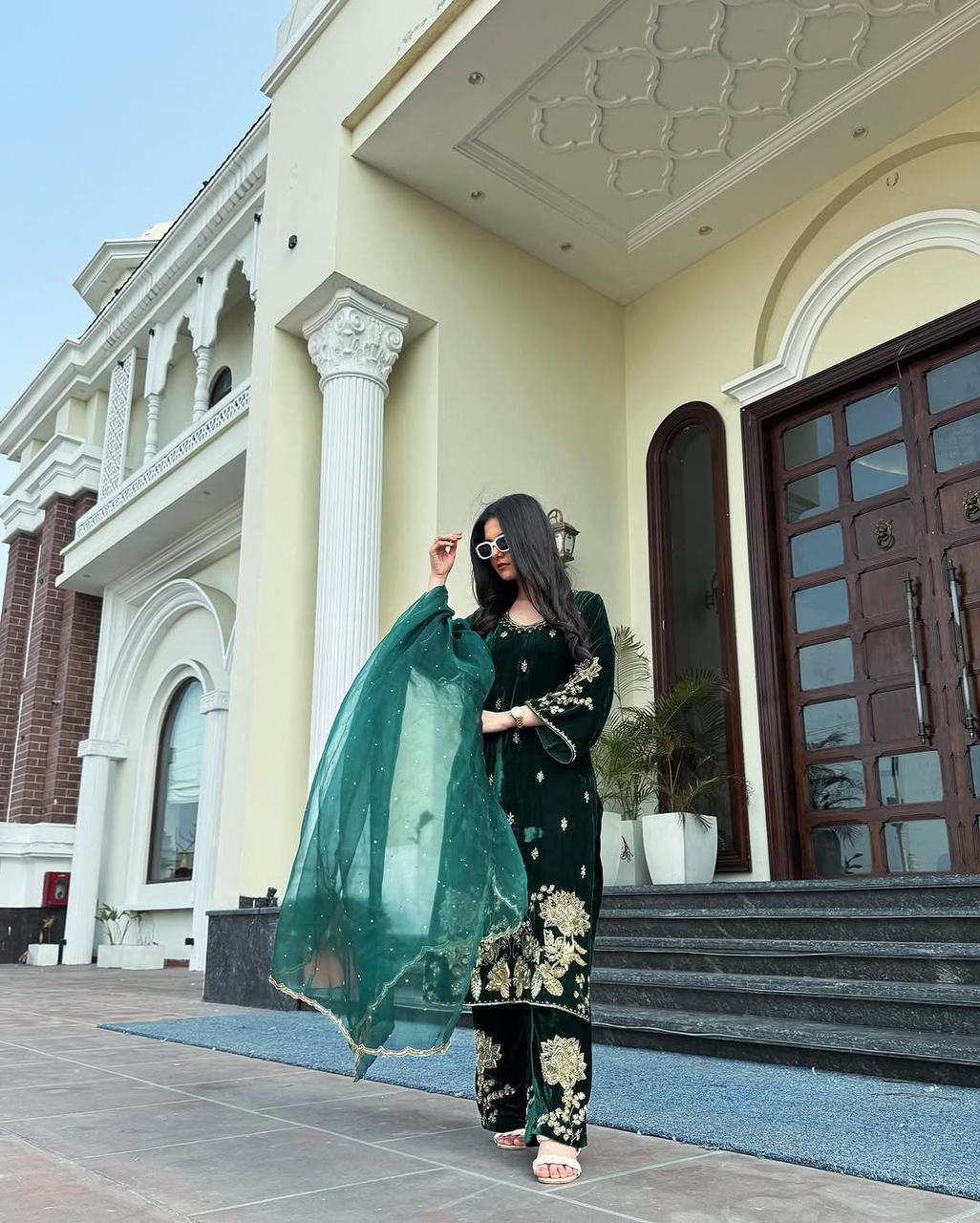 Classic Green Color Pure Heavy Viscose Velvet With Heavy Embroidery Coding Sequence Work Salwar Suit