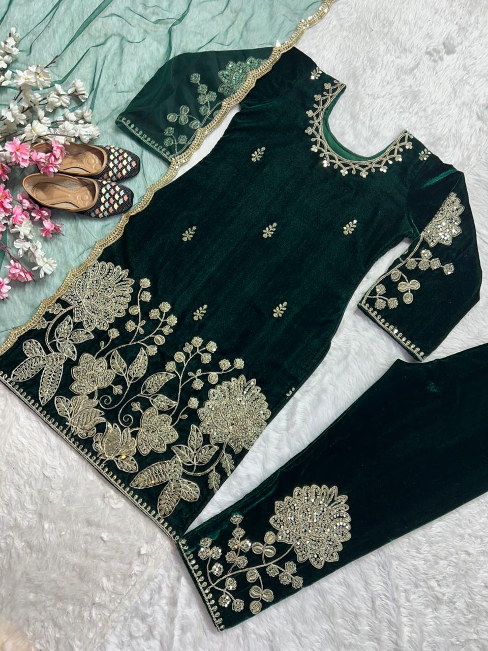 Classic Green Color Pure Heavy Viscose Velvet With Heavy Embroidery Coding Sequence Work Salwar Suit