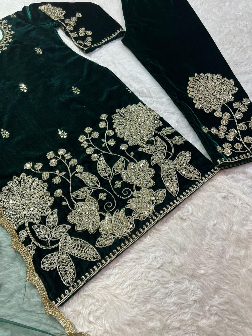 Classic Green Color Pure Heavy Viscose Velvet With Heavy Embroidery Coding Sequence Work Salwar Suit