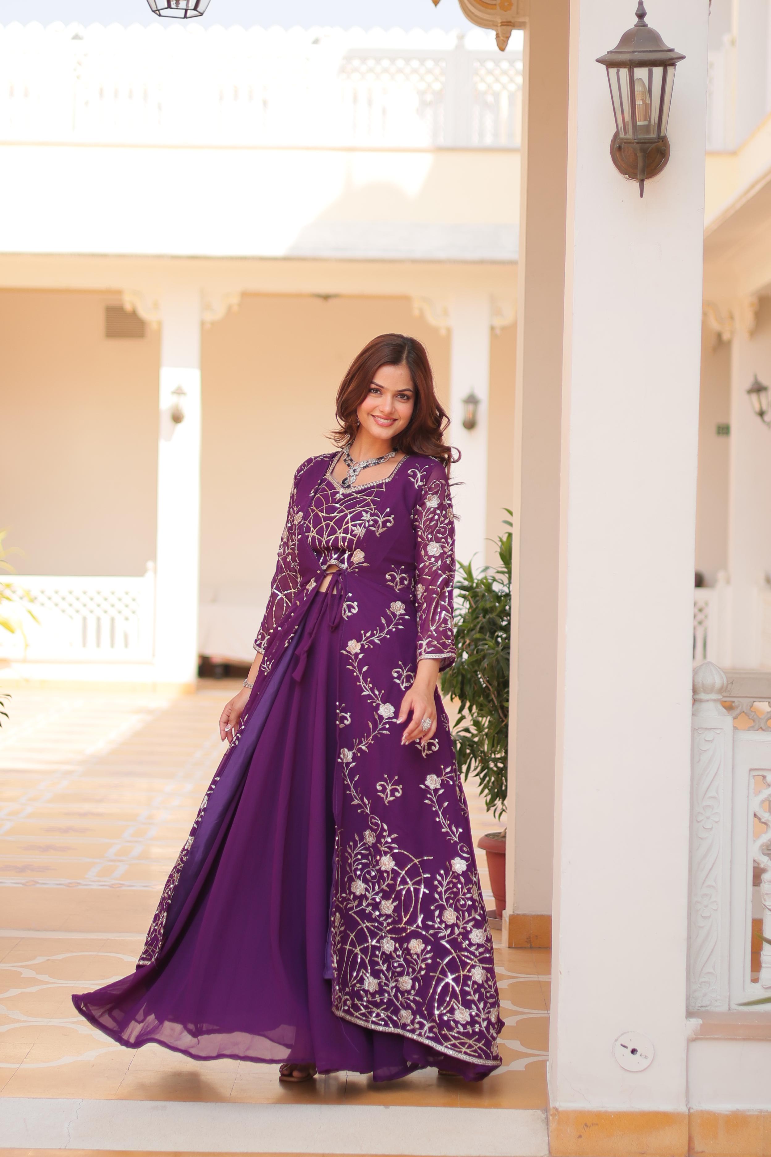 Wedding Wear Purple Color Faux Georgette With Heavy 3mm Embroidery Work  Designer Palazzo With Choli And Shrug