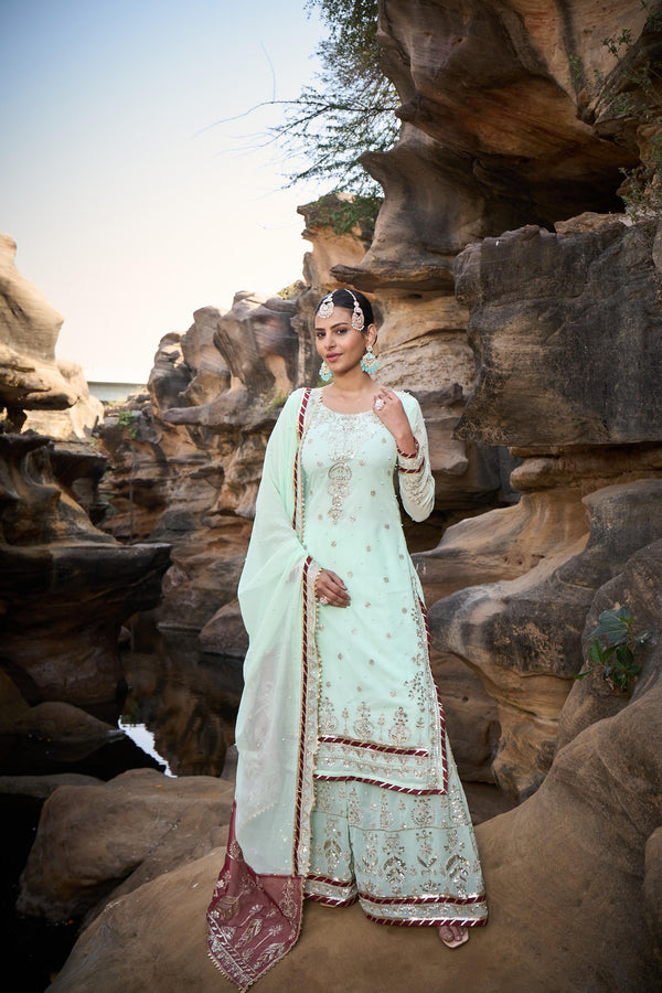Wedding Wear Light Green Color Faux Georgette Thread With Sequence With Rivet Moti Designer Sharara Suit
