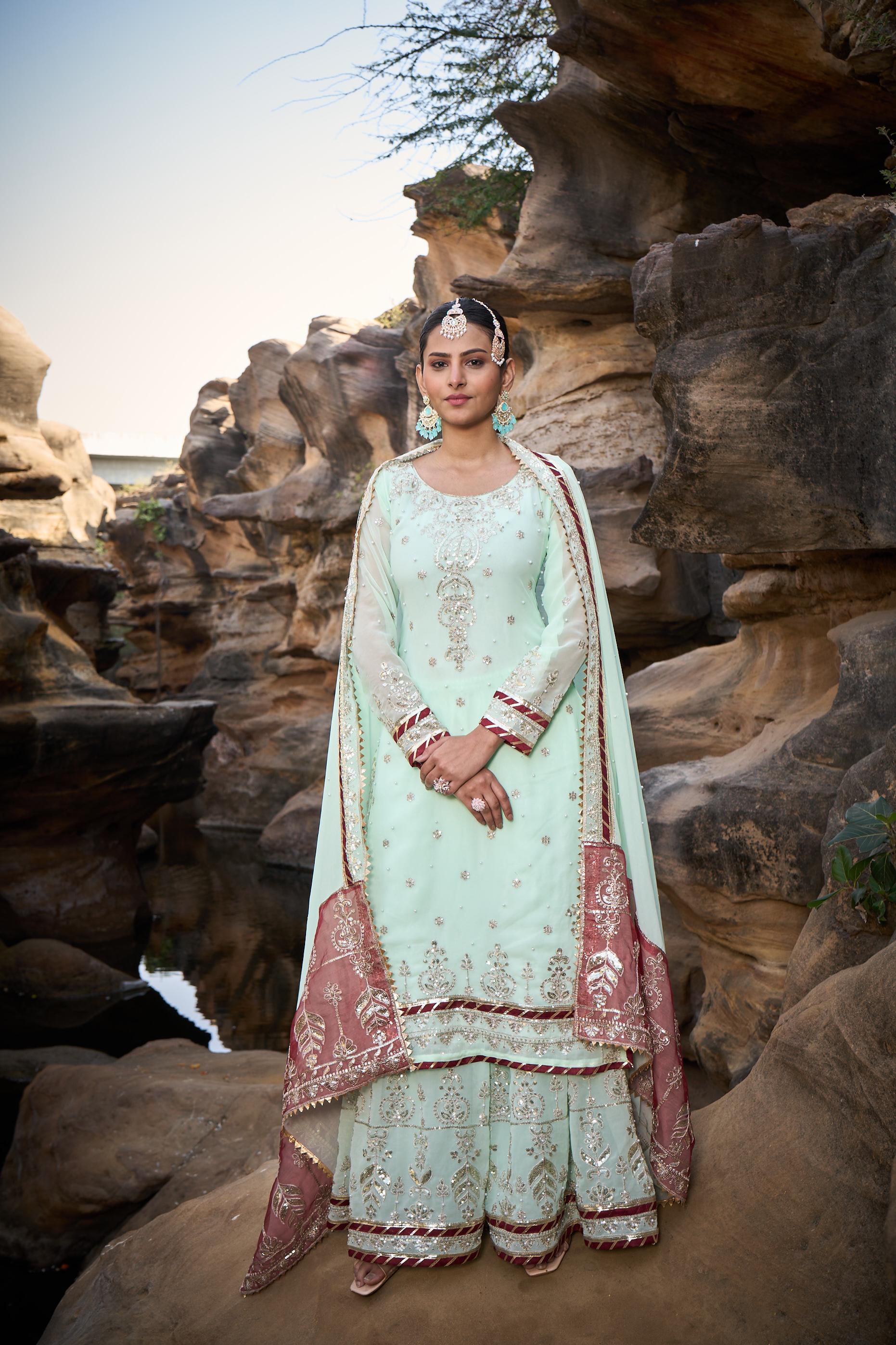 Wedding Wear Light Green Color Faux Georgette Thread With Sequence With Rivet Moti Designer Sharara Suit