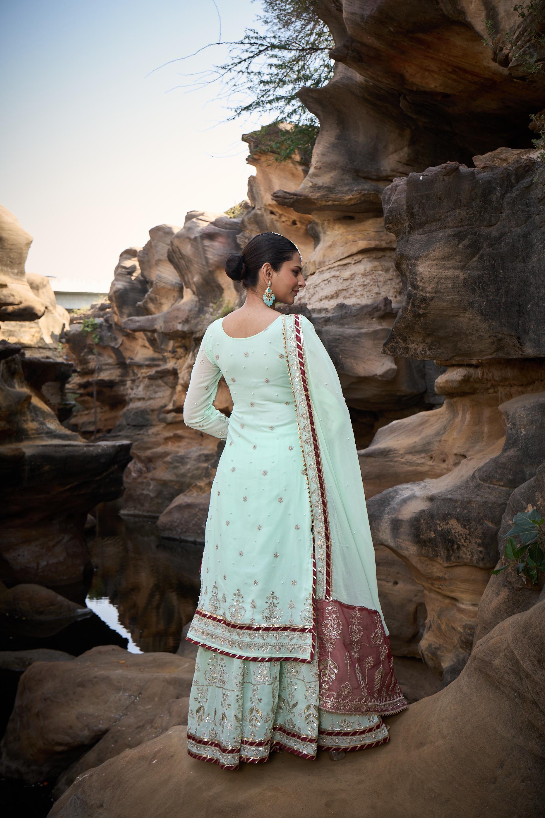 Wedding Wear Light Green Color Faux Georgette Thread With Sequence With Rivet Moti Designer Sharara Suit