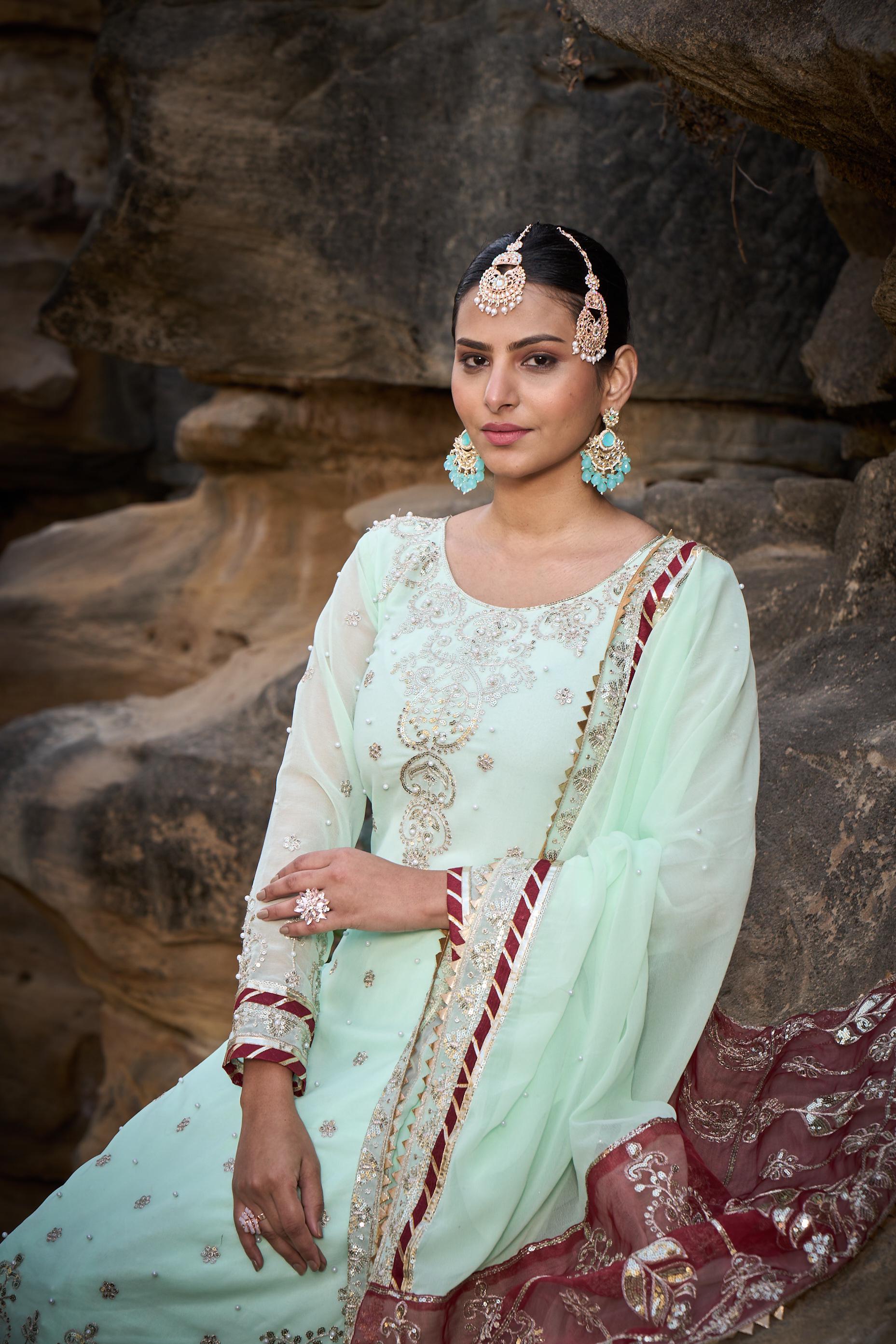 Wedding Wear Light Green Color Faux Georgette Thread With Sequence With Rivet Moti Designer Sharara Suit