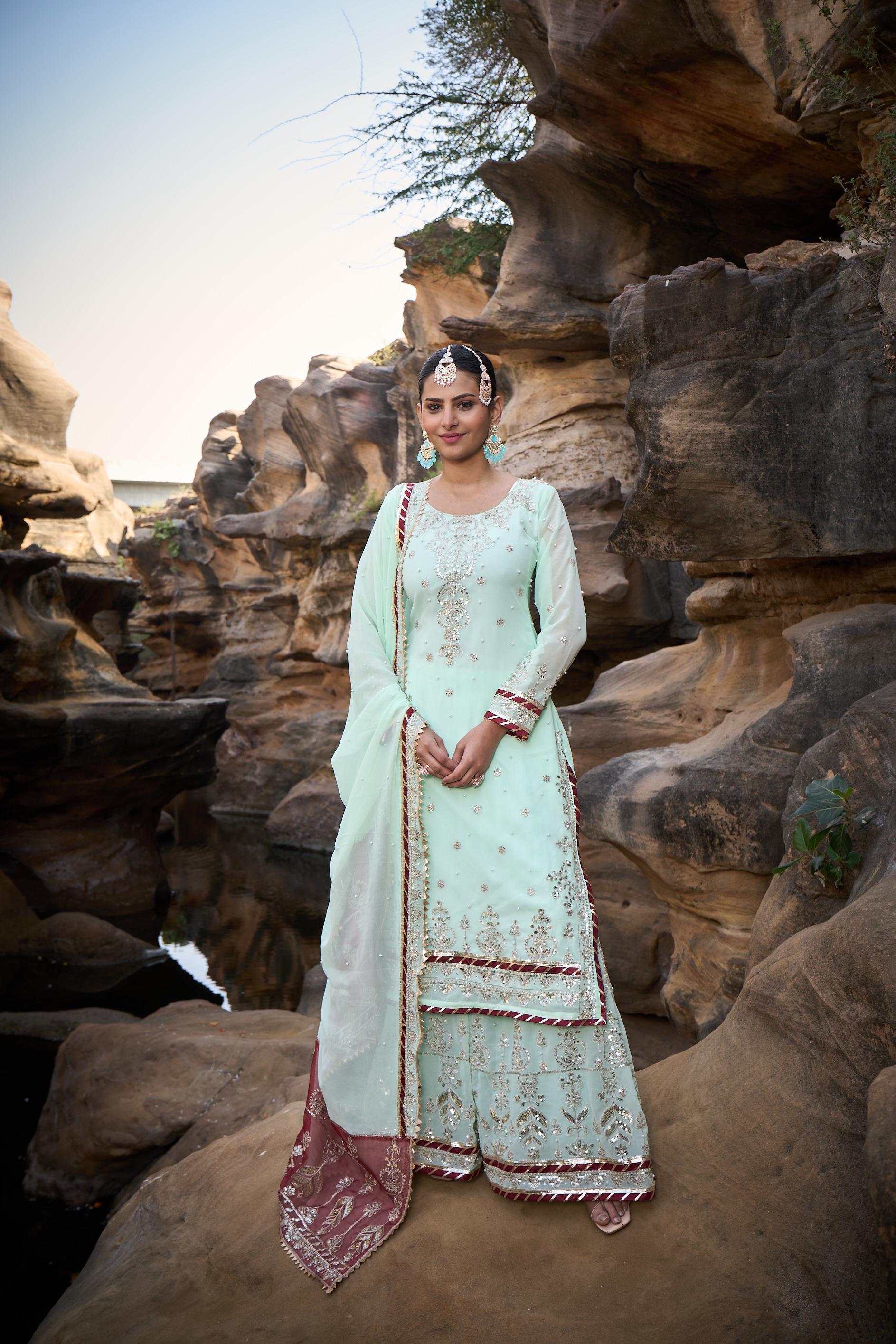 Wedding Wear Light Green Color Faux Georgette Thread With Sequence With Rivet Moti Designer Sharara Suit
