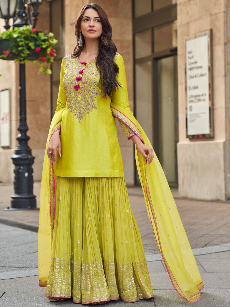Exclusive Parrot Green Color Faux Georgette With Codding Sequence Embroidery Designer Palazzo Suit