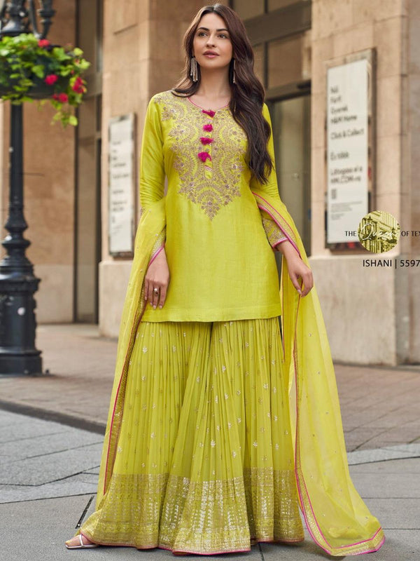 Exclusive Parrot Green Color Faux Georgette With Codding Sequence Embroidery Designer Palazzo Suit