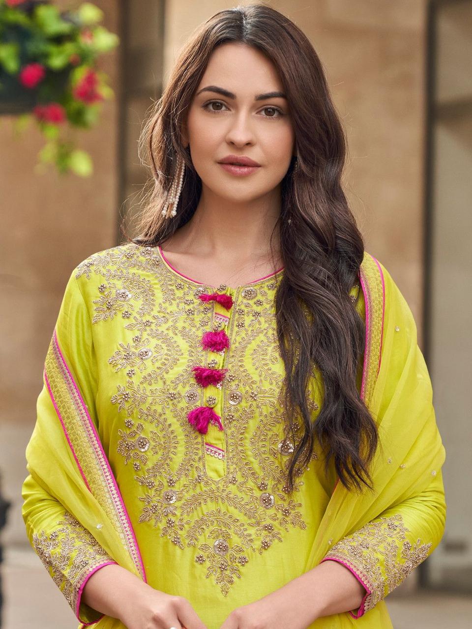 Exclusive Parrot Green Color Faux Georgette With Codding Sequence Embroidery Designer Palazzo Suit
