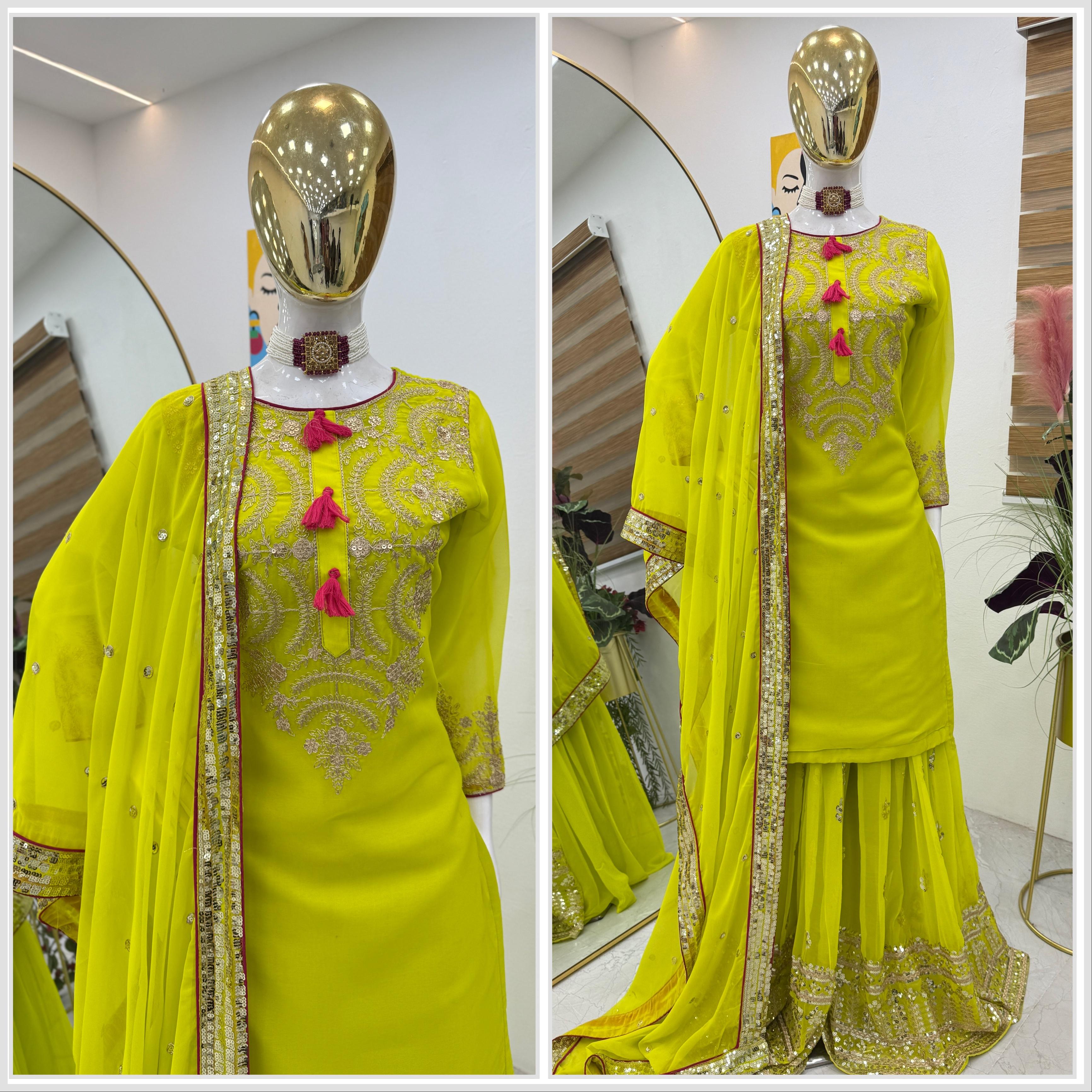 Exclusive Parrot Green Color Faux Georgette With Codding Sequence Embroidery Designer Palazzo Suit