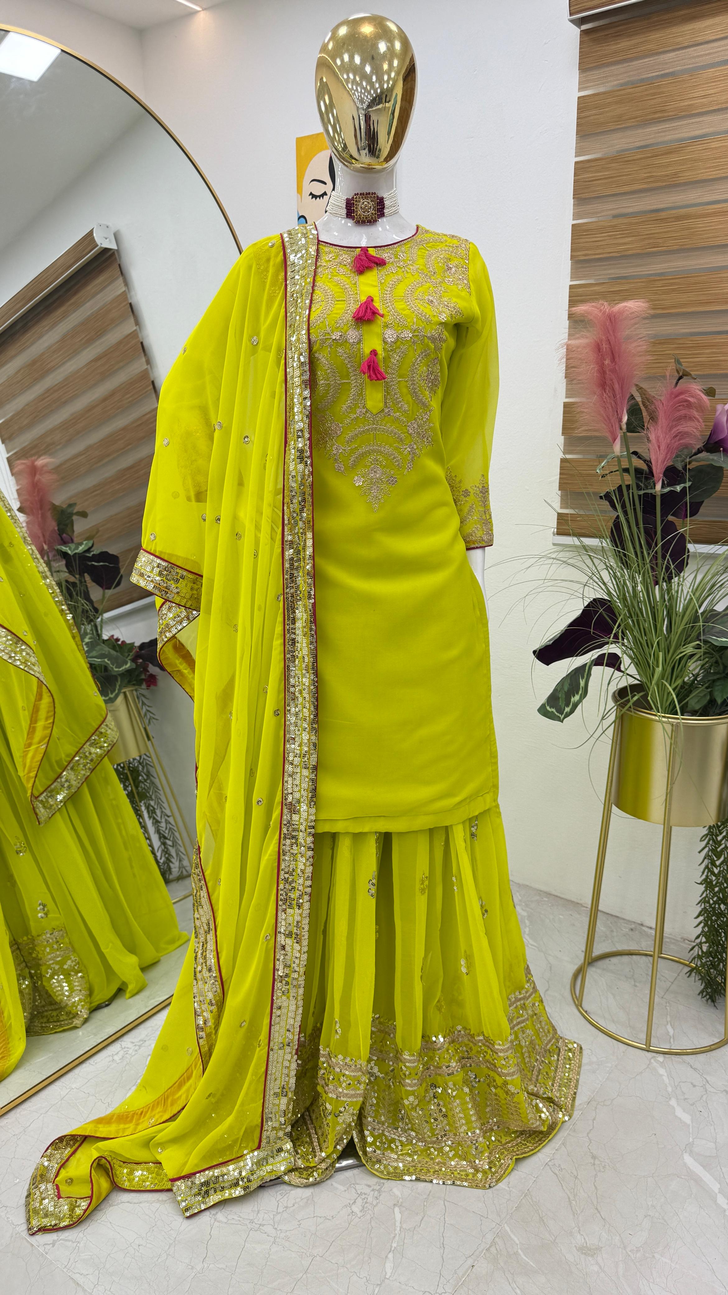 Exclusive Parrot Green Color Faux Georgette With Codding Sequence Embroidery Designer Palazzo Suit