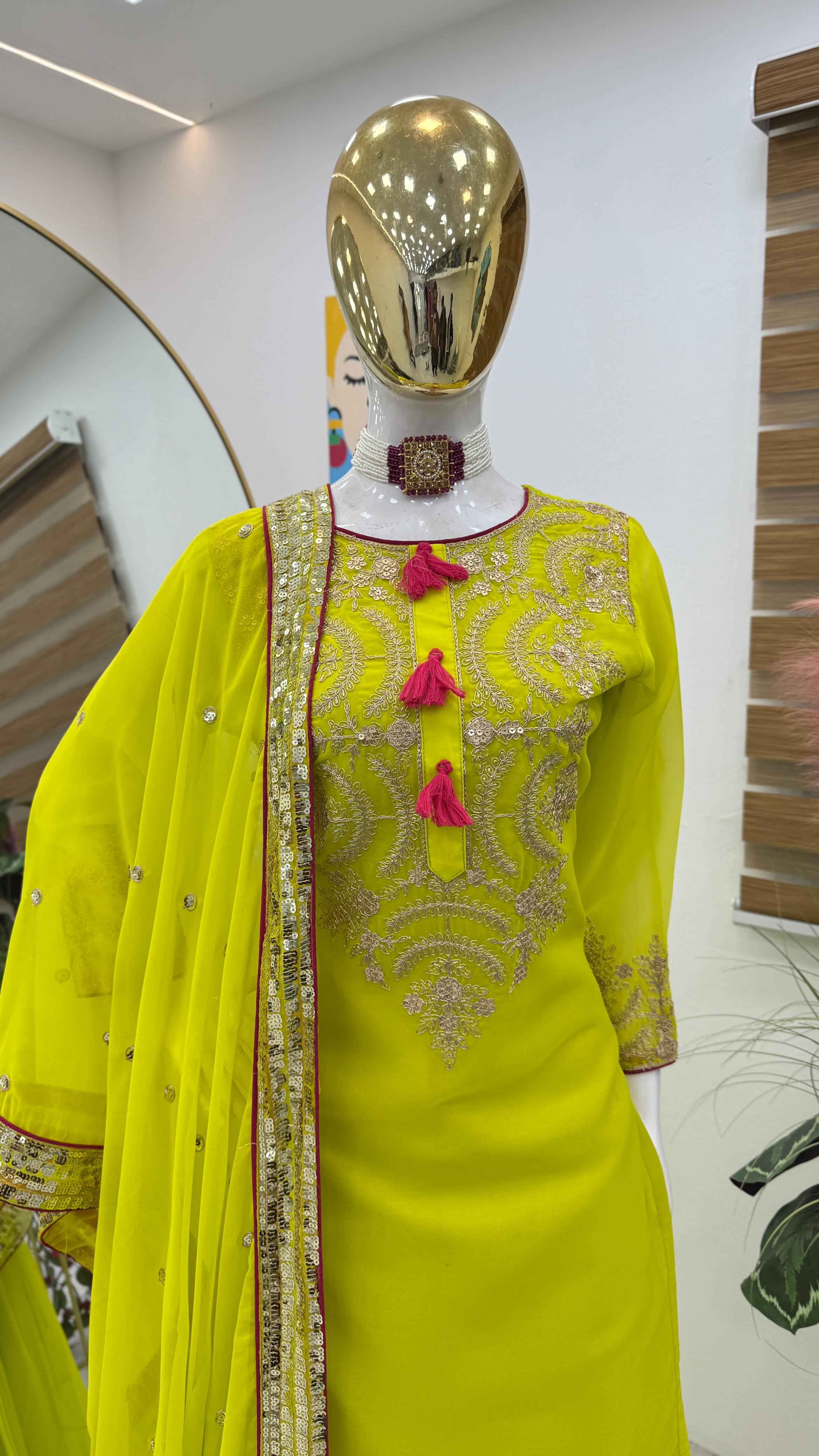 Exclusive Parrot Green Color Faux Georgette With Codding Sequence Embroidery Designer Palazzo Suit