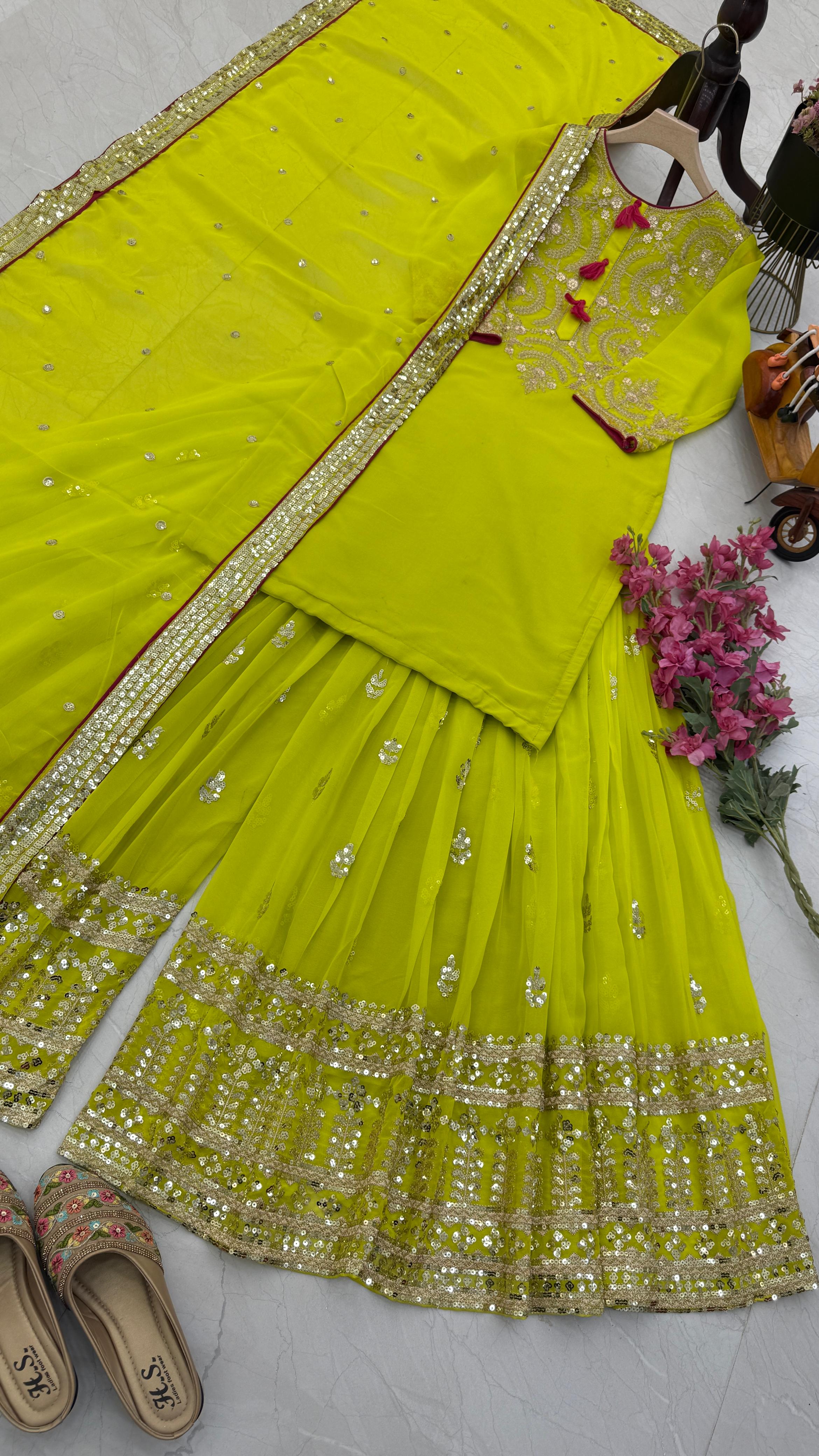 Exclusive Parrot Green Color Faux Georgette With Codding Sequence Embroidery Designer Palazzo Suit
