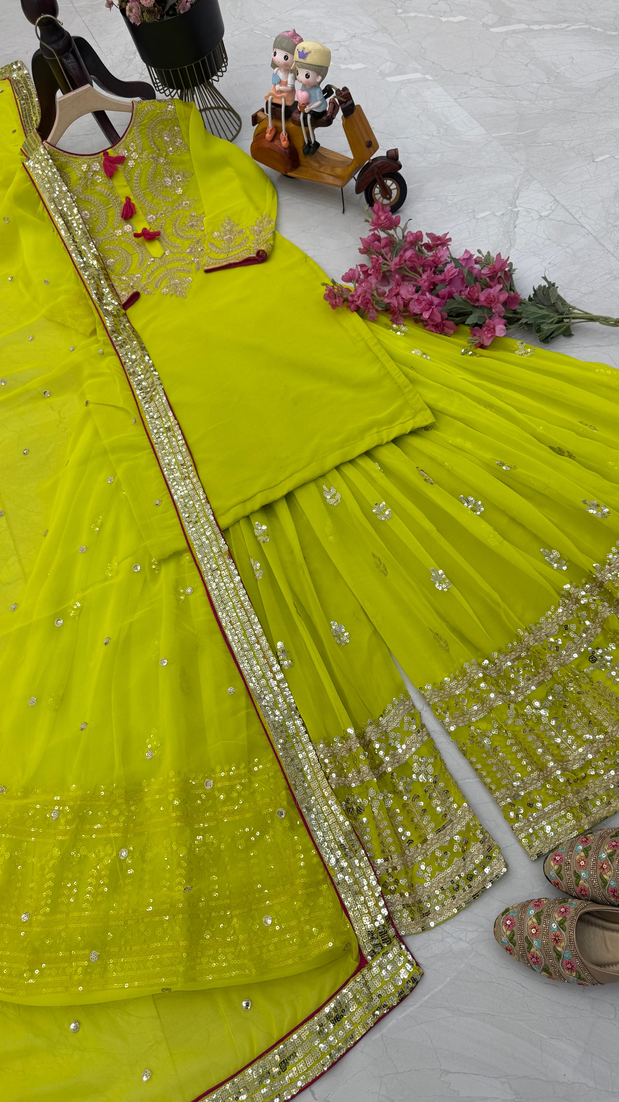 Exclusive Parrot Green Color Faux Georgette With Codding Sequence Embroidery Designer Palazzo Suit