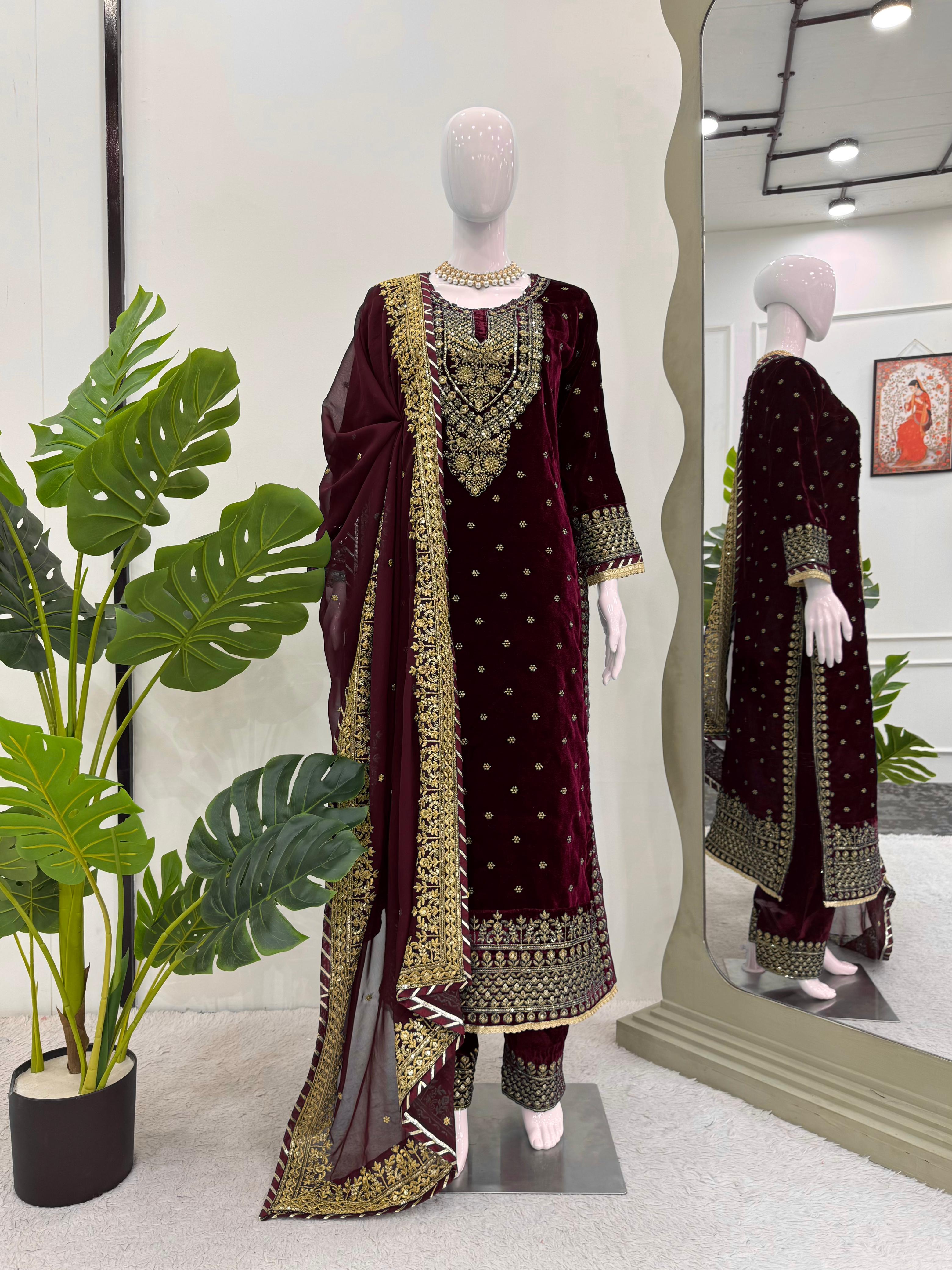 Party Wear Maroon Color Heavy Viscose Velvet With Thread And Sequence Work Velvet Suit