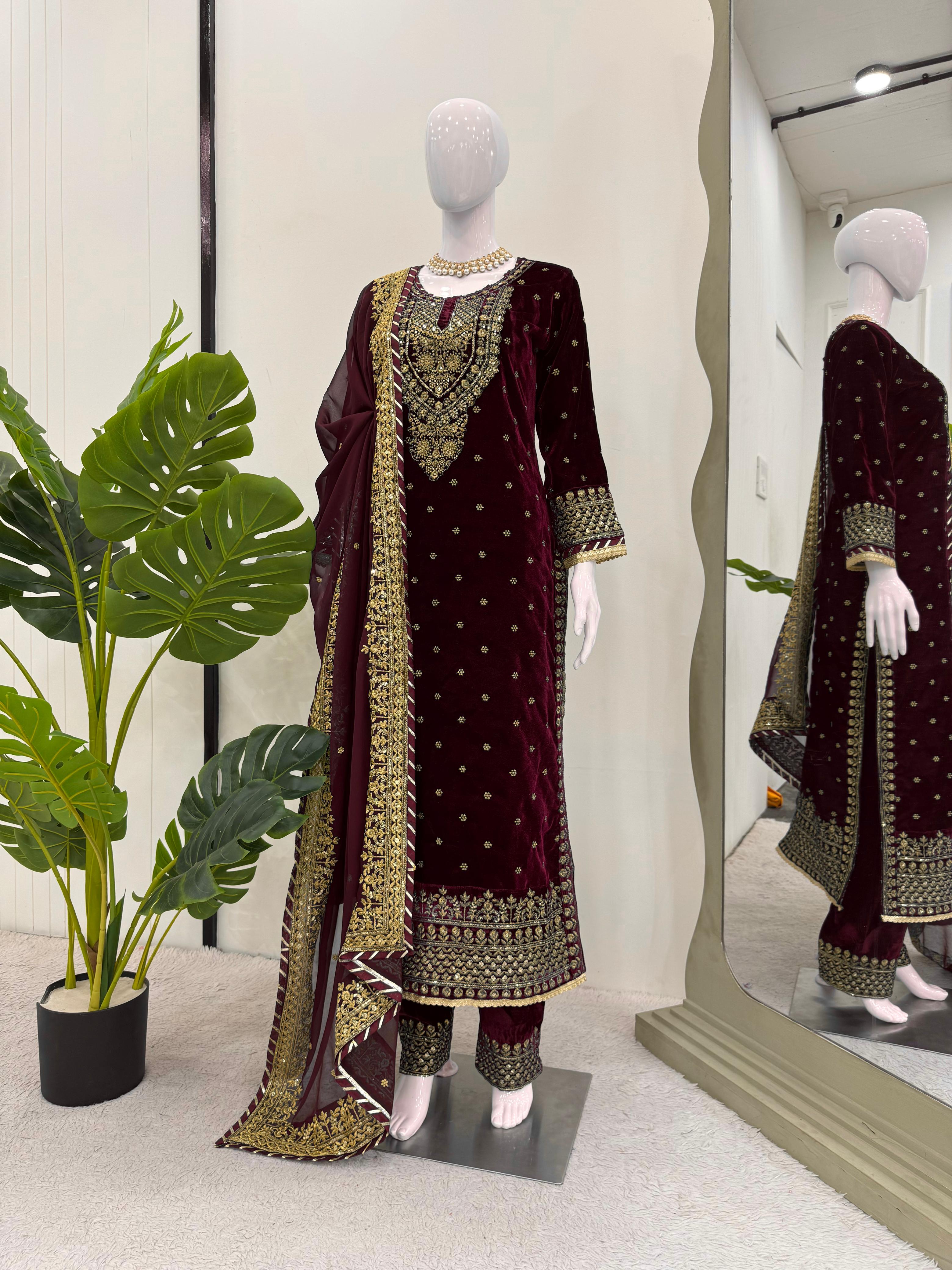 Party Wear Maroon Color Heavy Viscose Velvet With Thread And Sequence Work Velvet Suit