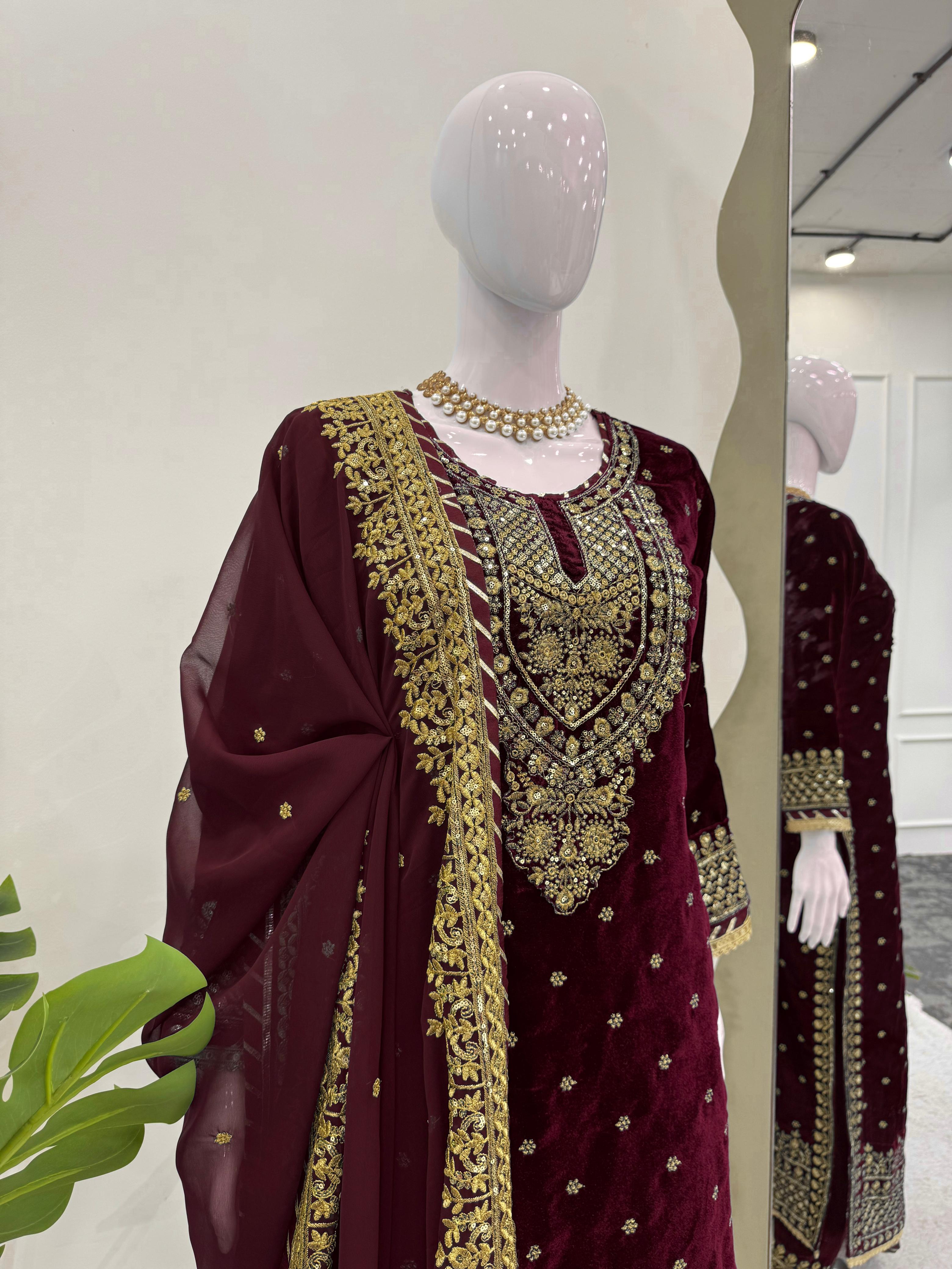 Party Wear Maroon Color Heavy Viscose Velvet With Thread And Sequence Work Velvet Suit