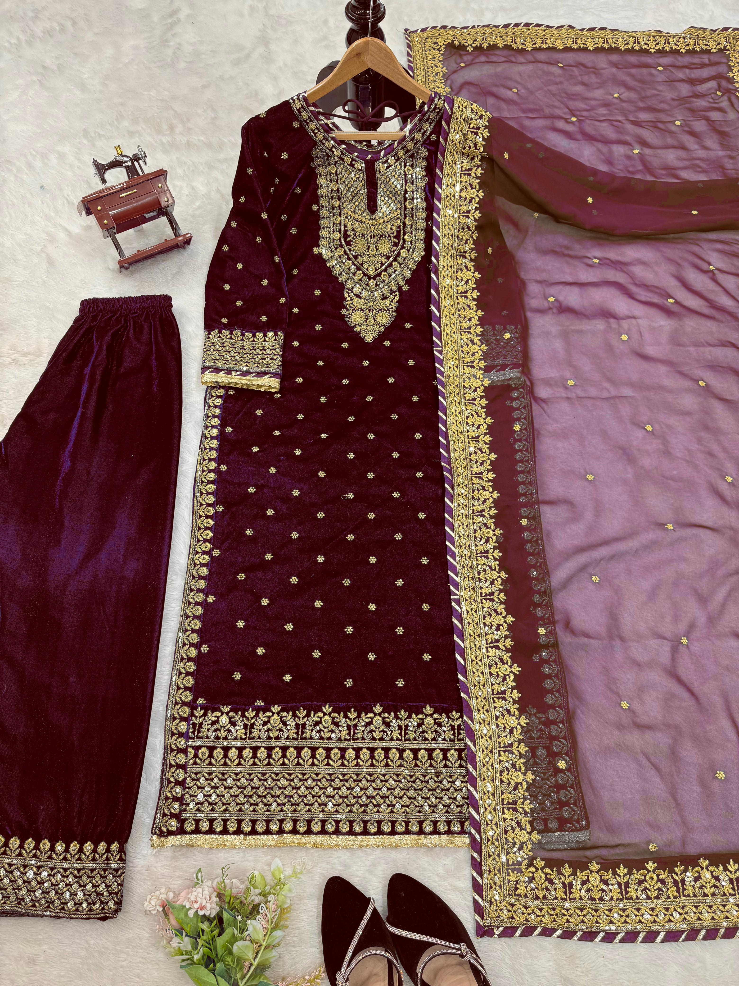 Party Wear Maroon Color Heavy Viscose Velvet With Thread And Sequence Work Velvet Suit