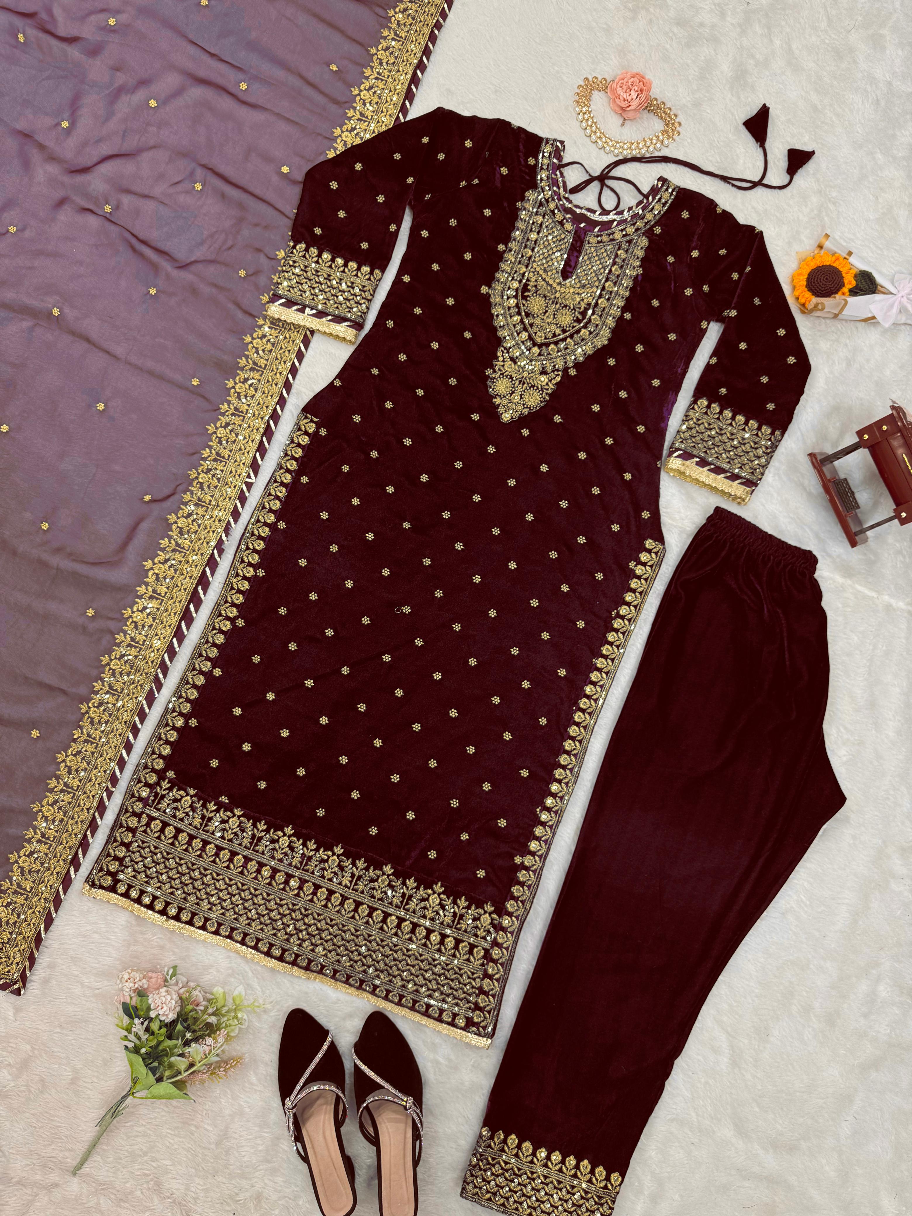 Party Wear Maroon Color Heavy Viscose Velvet With Thread And Sequence Work Velvet Suit