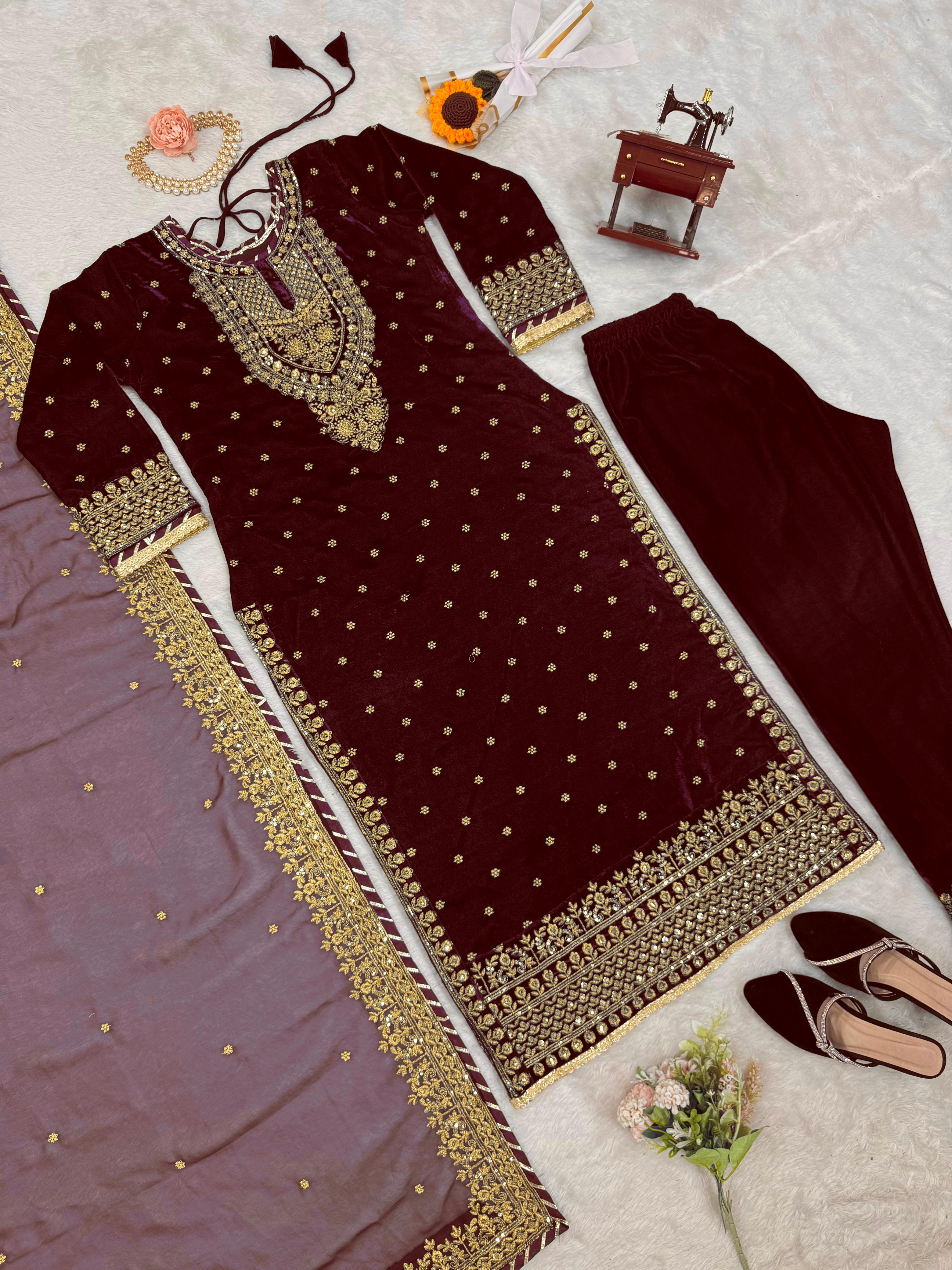 Party Wear Maroon Color Heavy Viscose Velvet With Thread And Sequence Work Velvet Suit