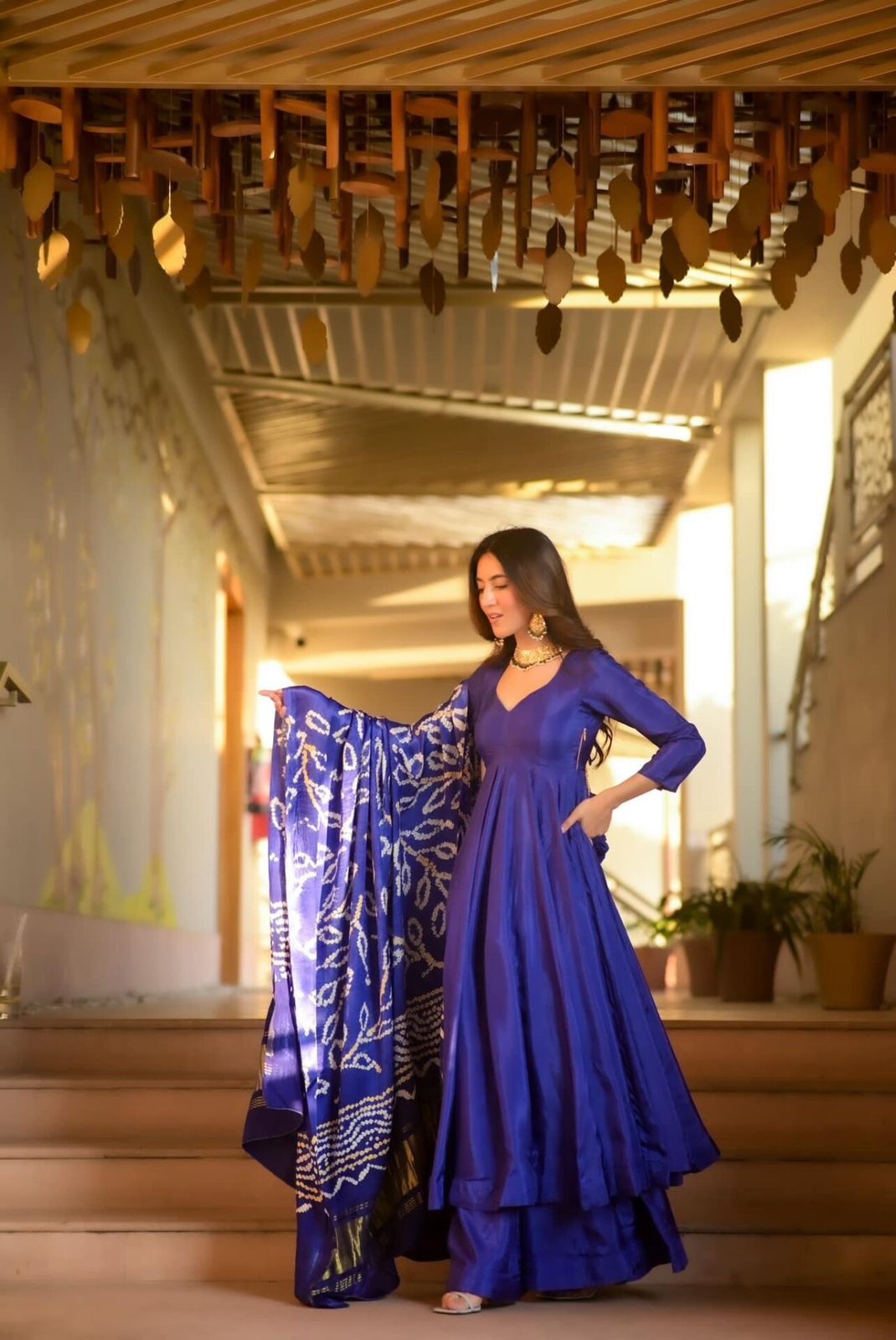 Party Wear Blue Color Designer Chinnon Silk Anarkali Palazzo Suit