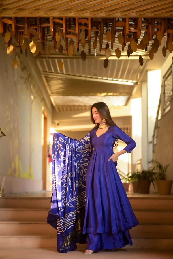 Party Wear Blue Color Designer Chinnon Silk Anarkali Palazzo Suit