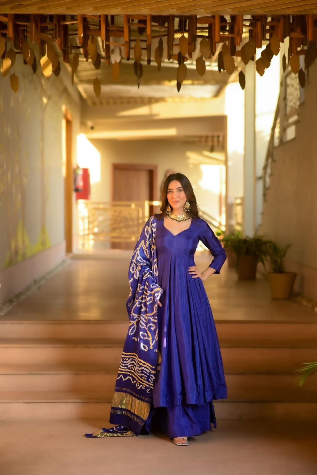 Party Wear Blue Color Designer Chinnon Silk Anarkali Palazzo Suit