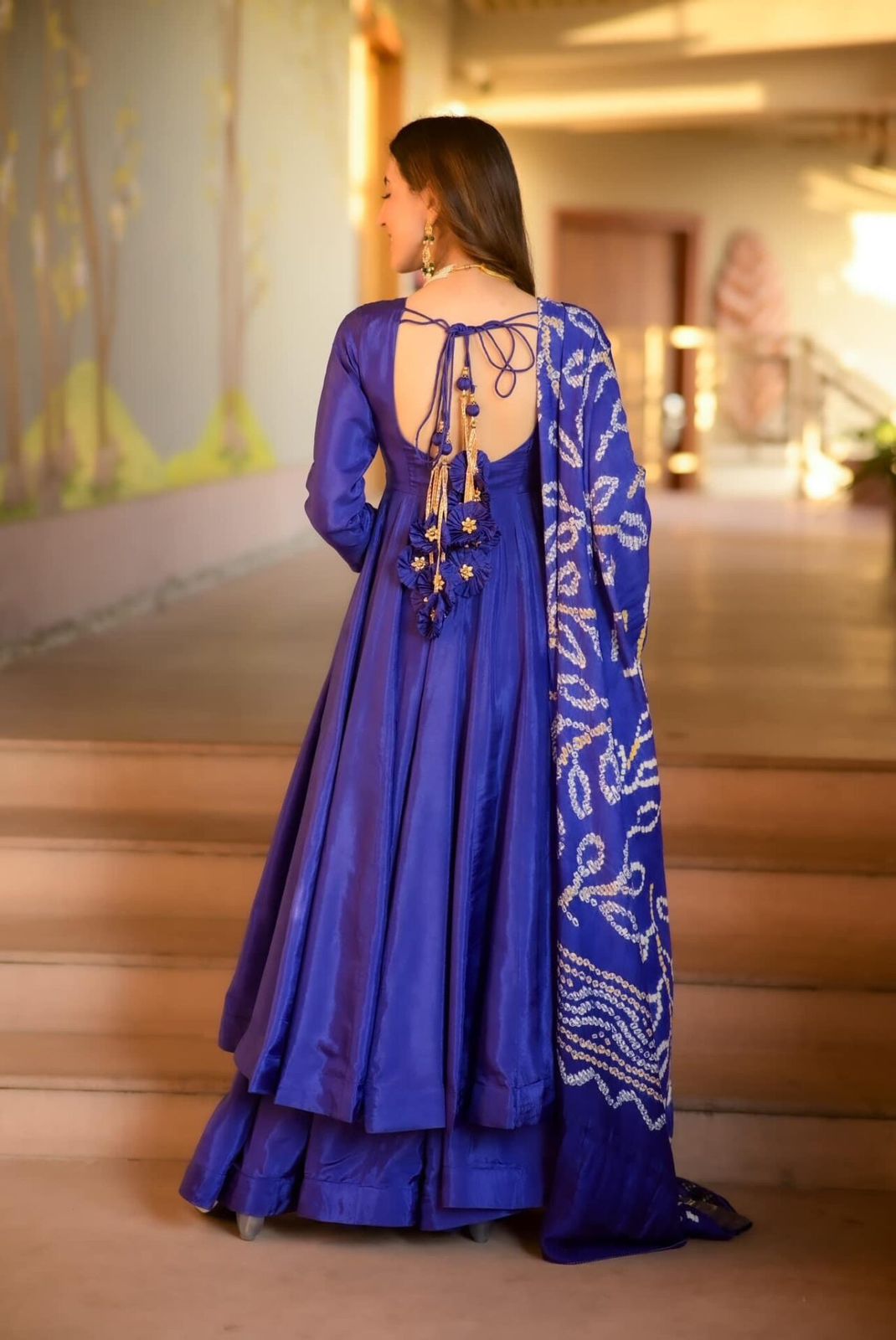 Party Wear Blue Color Designer Chinnon Silk Anarkali Palazzo Suit