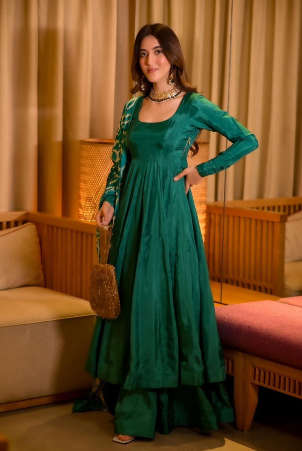 Party Wear Teal Green Color Designer Chinnon Silk Anarkali Palazzo Suit
