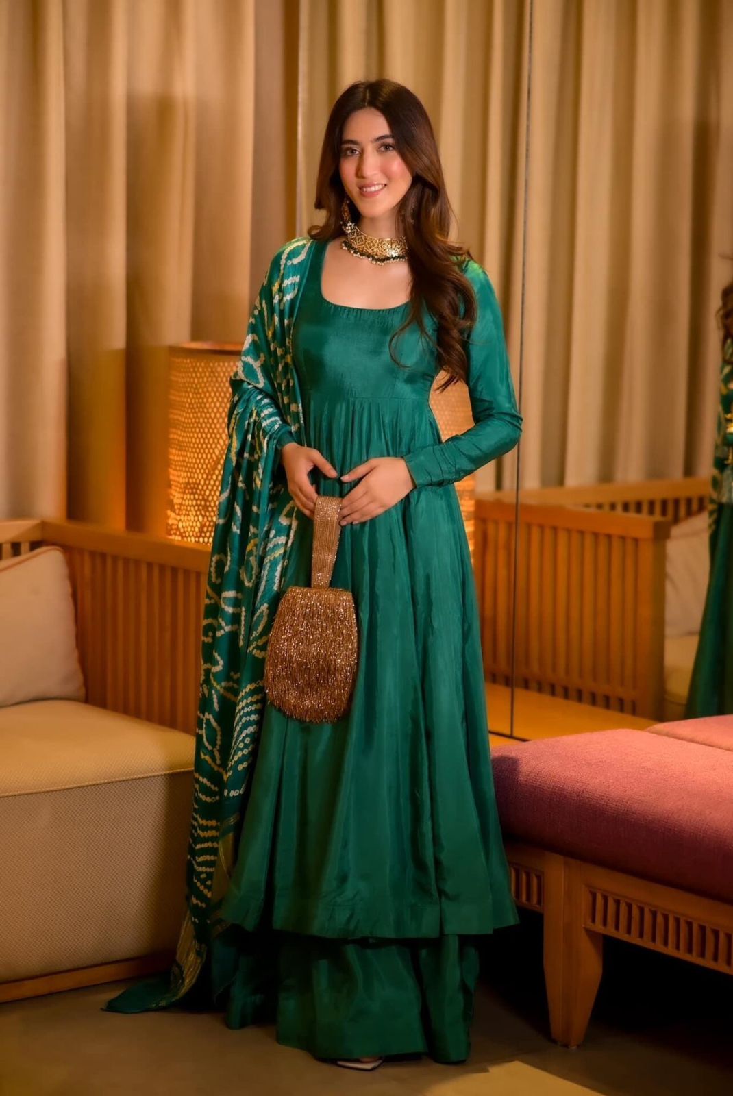 Party Wear Teal Green Color Designer Chinnon Silk Anarkali Palazzo Suit