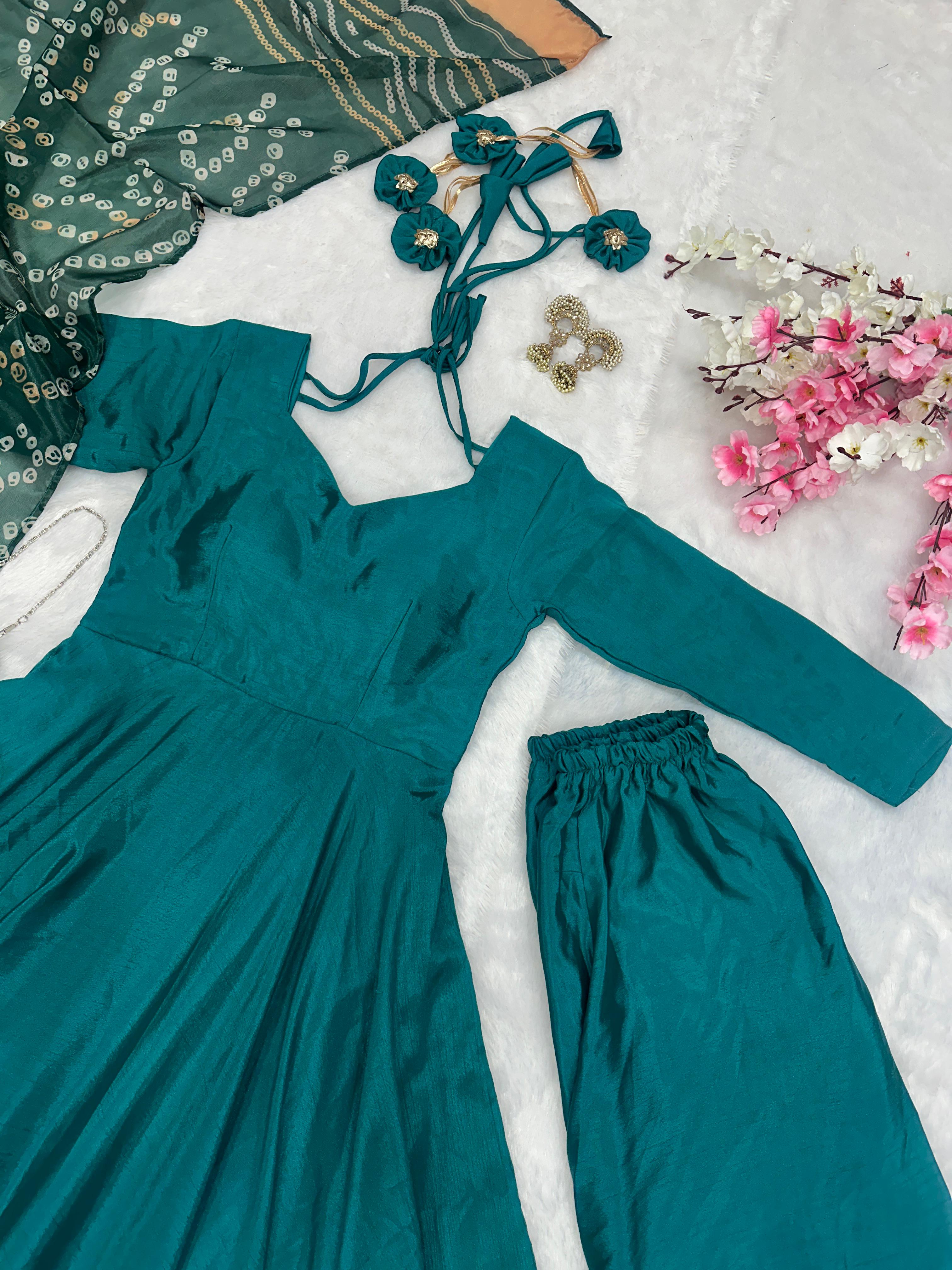 Party Wear Teal Green Color Designer Chinnon Silk Anarkali Palazzo Suit