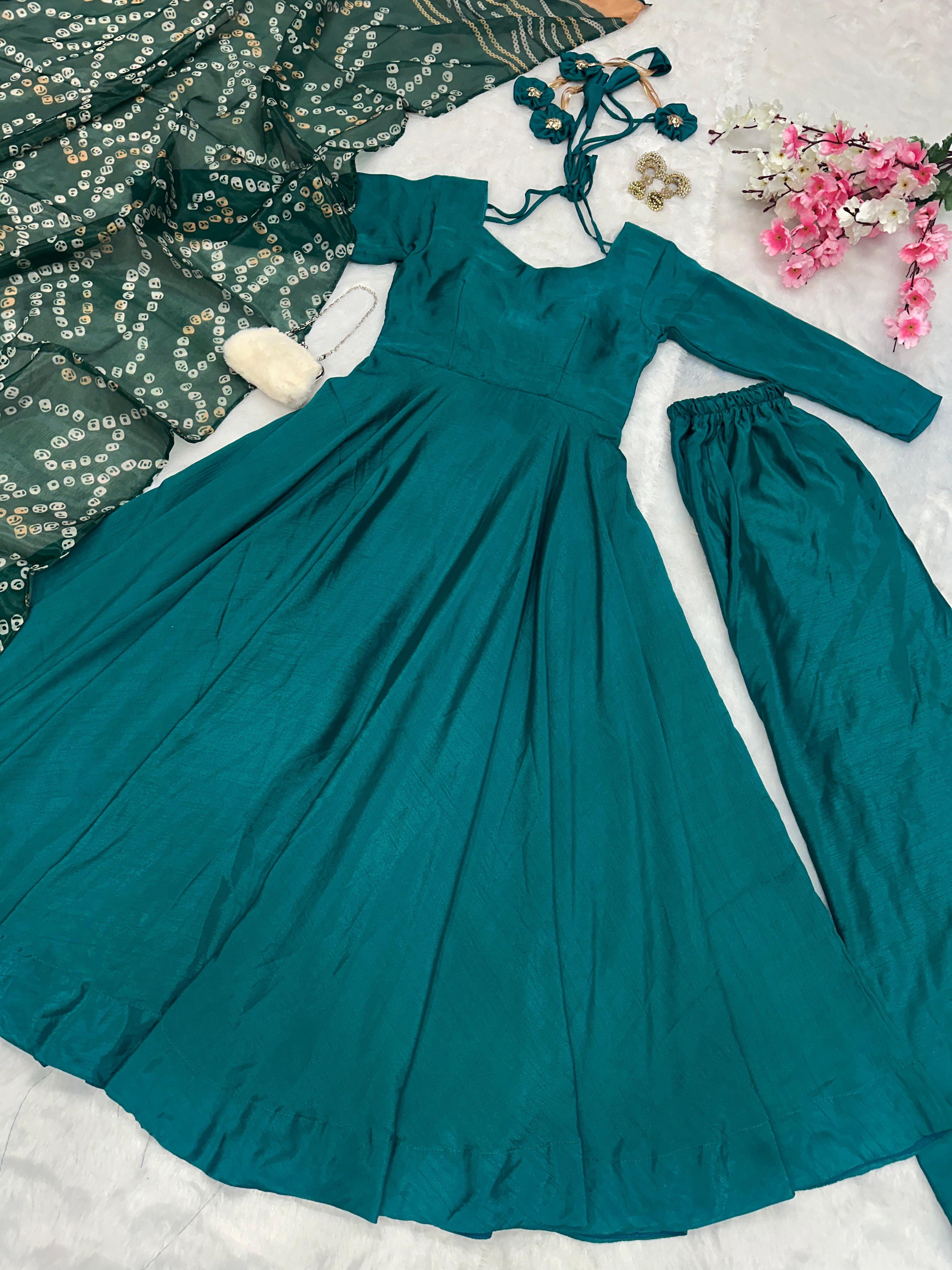 Party Wear Teal Green Color Designer Chinnon Silk Anarkali Palazzo Suit