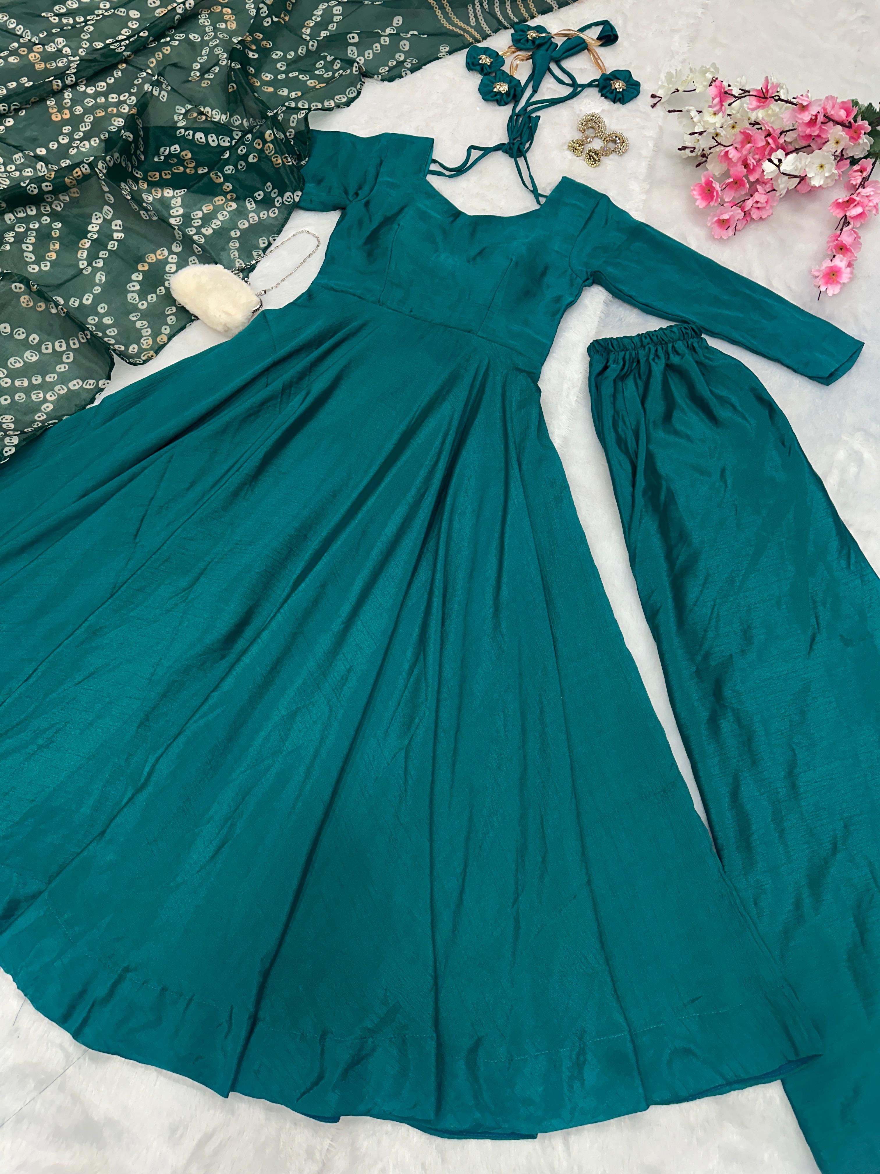 Party Wear Teal Green Color Designer Chinnon Silk Anarkali Palazzo Suit