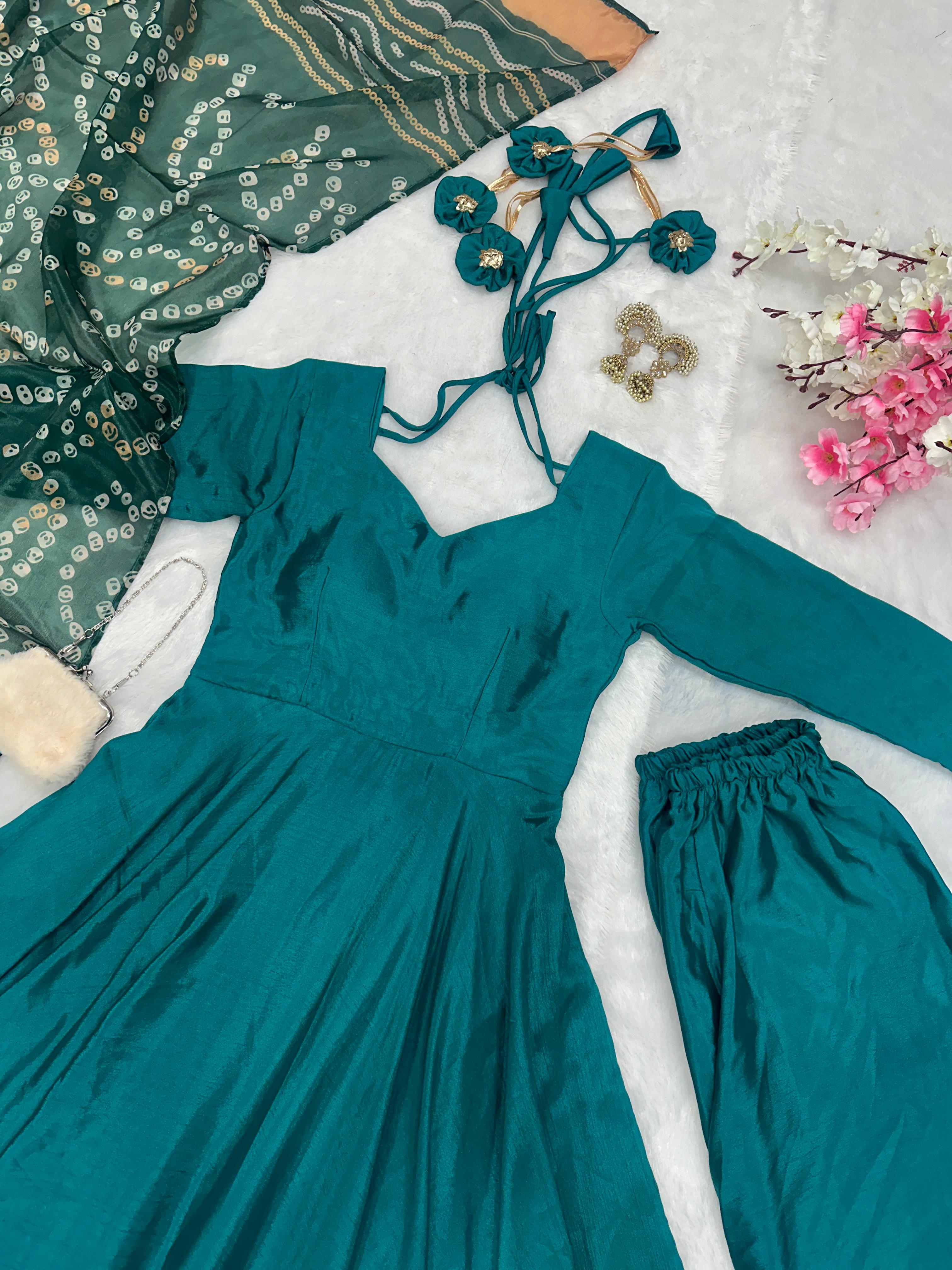 Party Wear Teal Green Color Designer Chinnon Silk Anarkali Palazzo Suit
