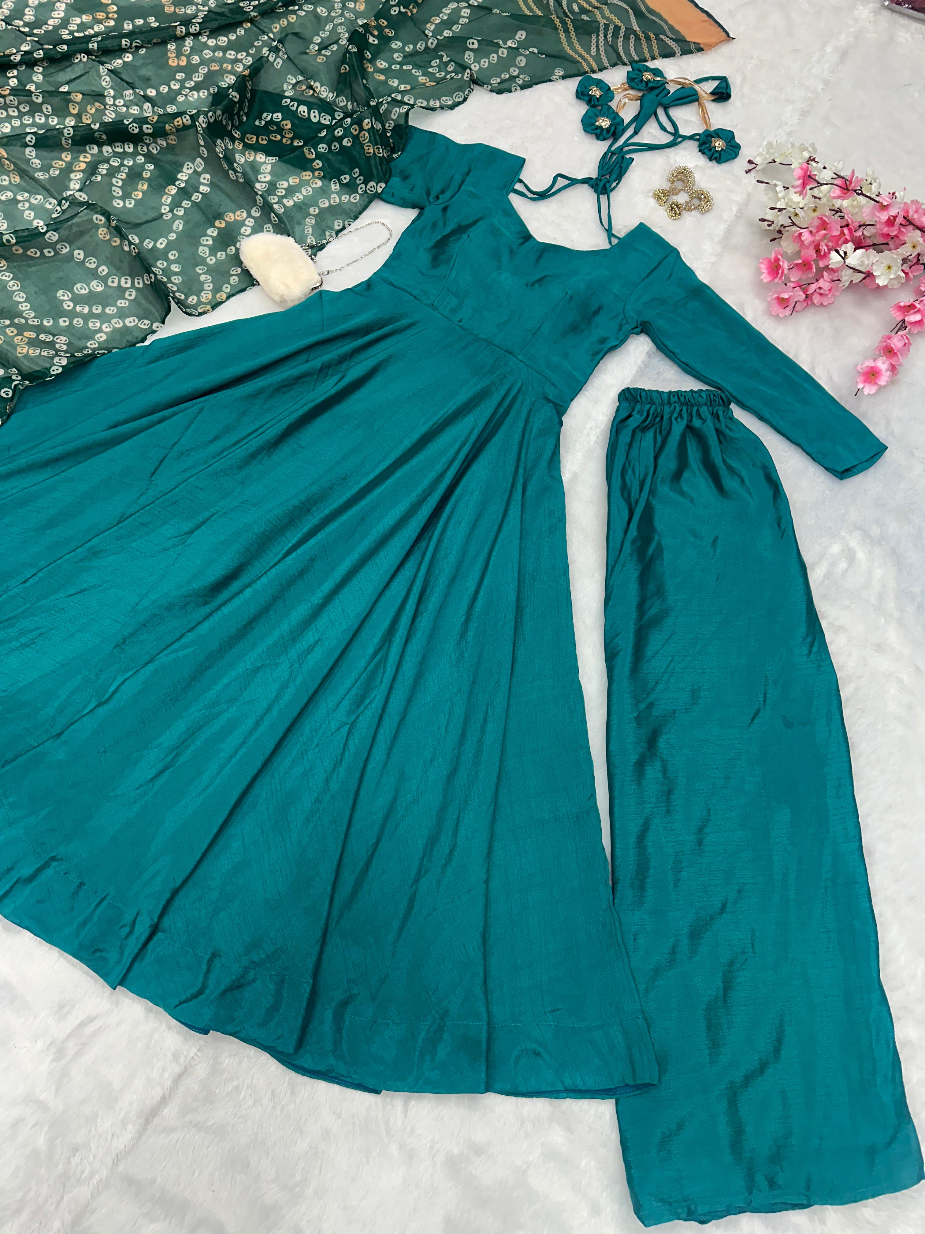 Party Wear Teal Green Color Designer Chinnon Silk Anarkali Palazzo Suit