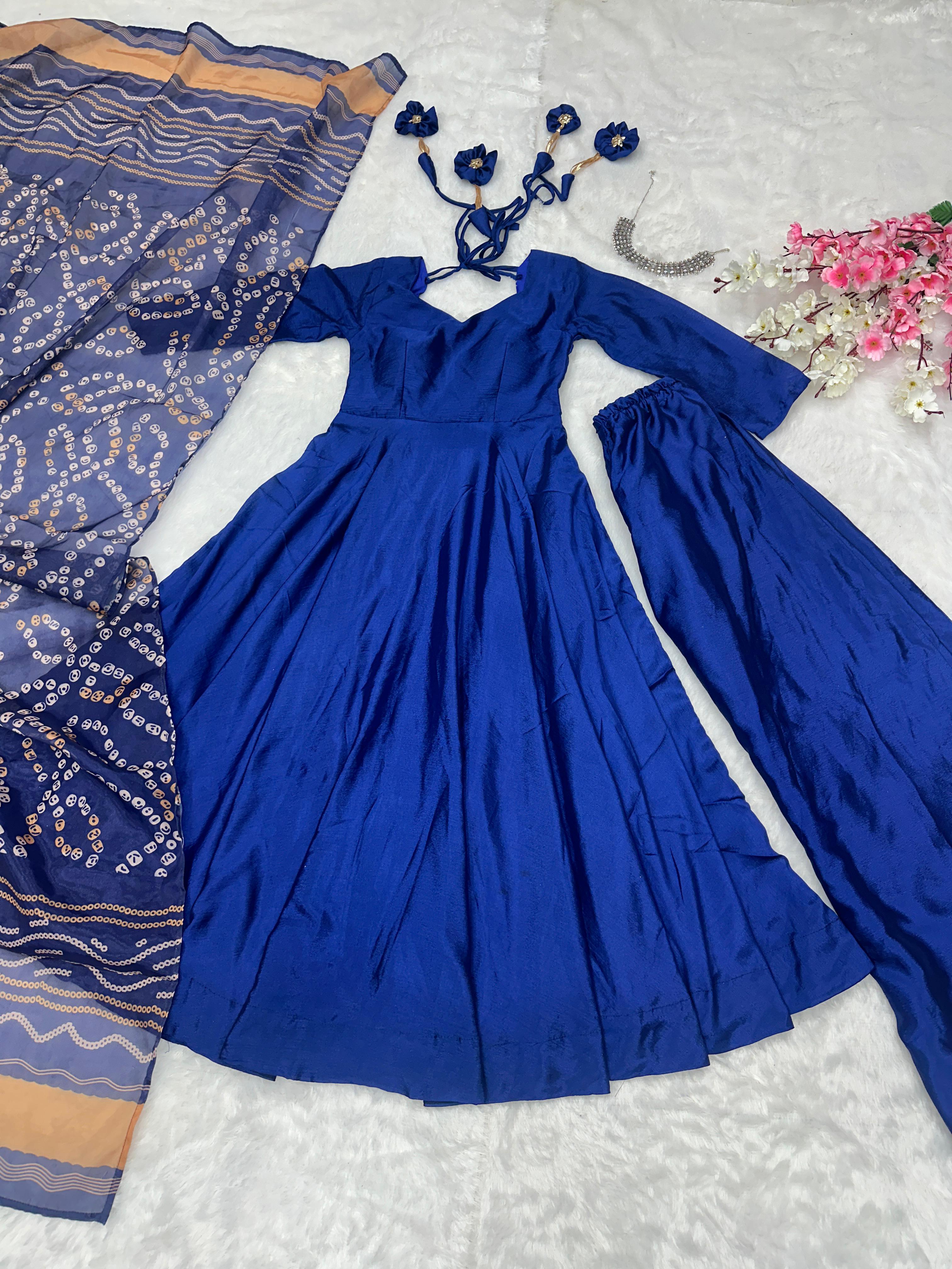 Party Wear Blue Color Designer Chinnon Silk Anarkali Palazzo Suit