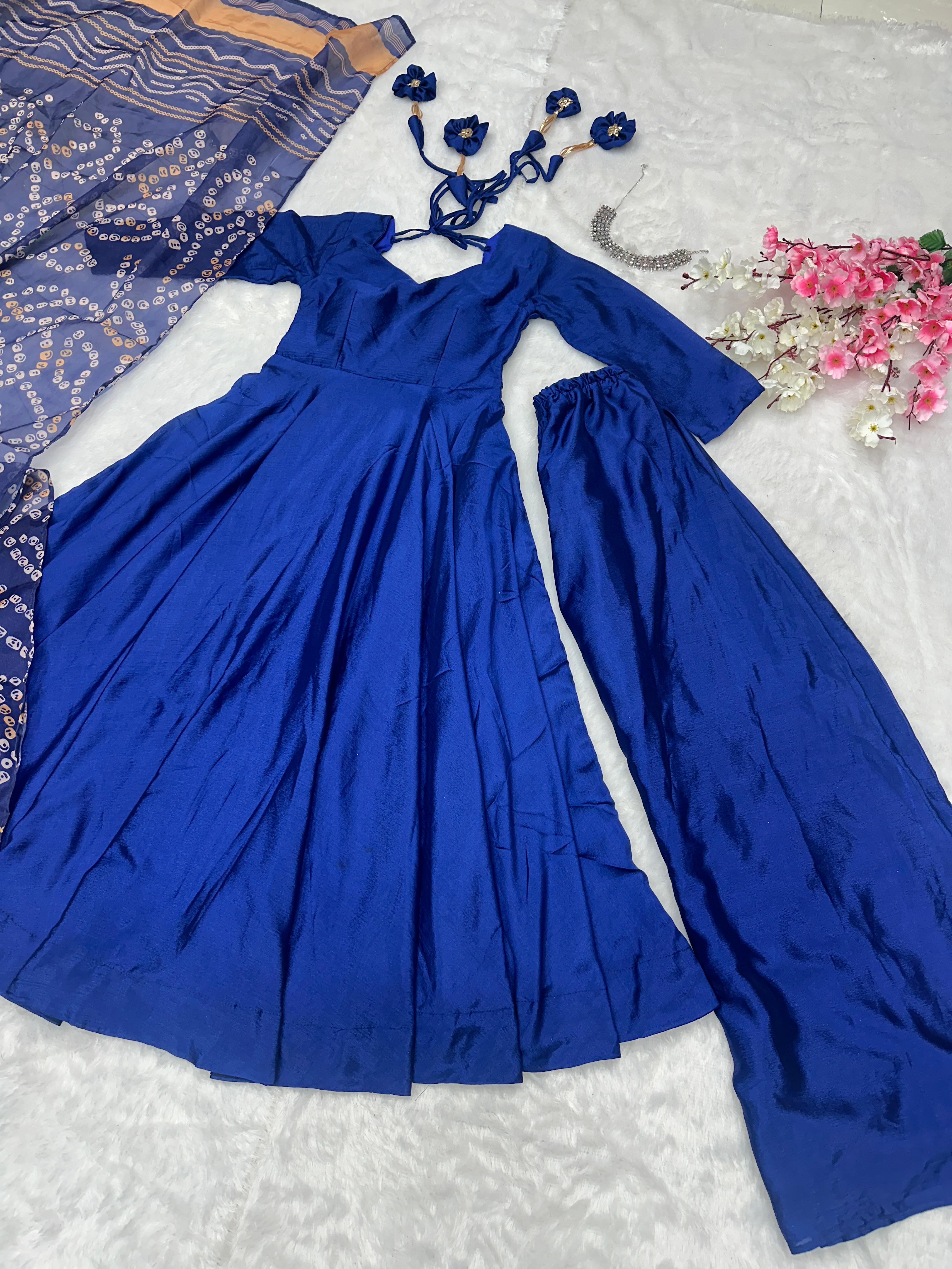 Party Wear Blue Color Designer Chinnon Silk Anarkali Palazzo Suit