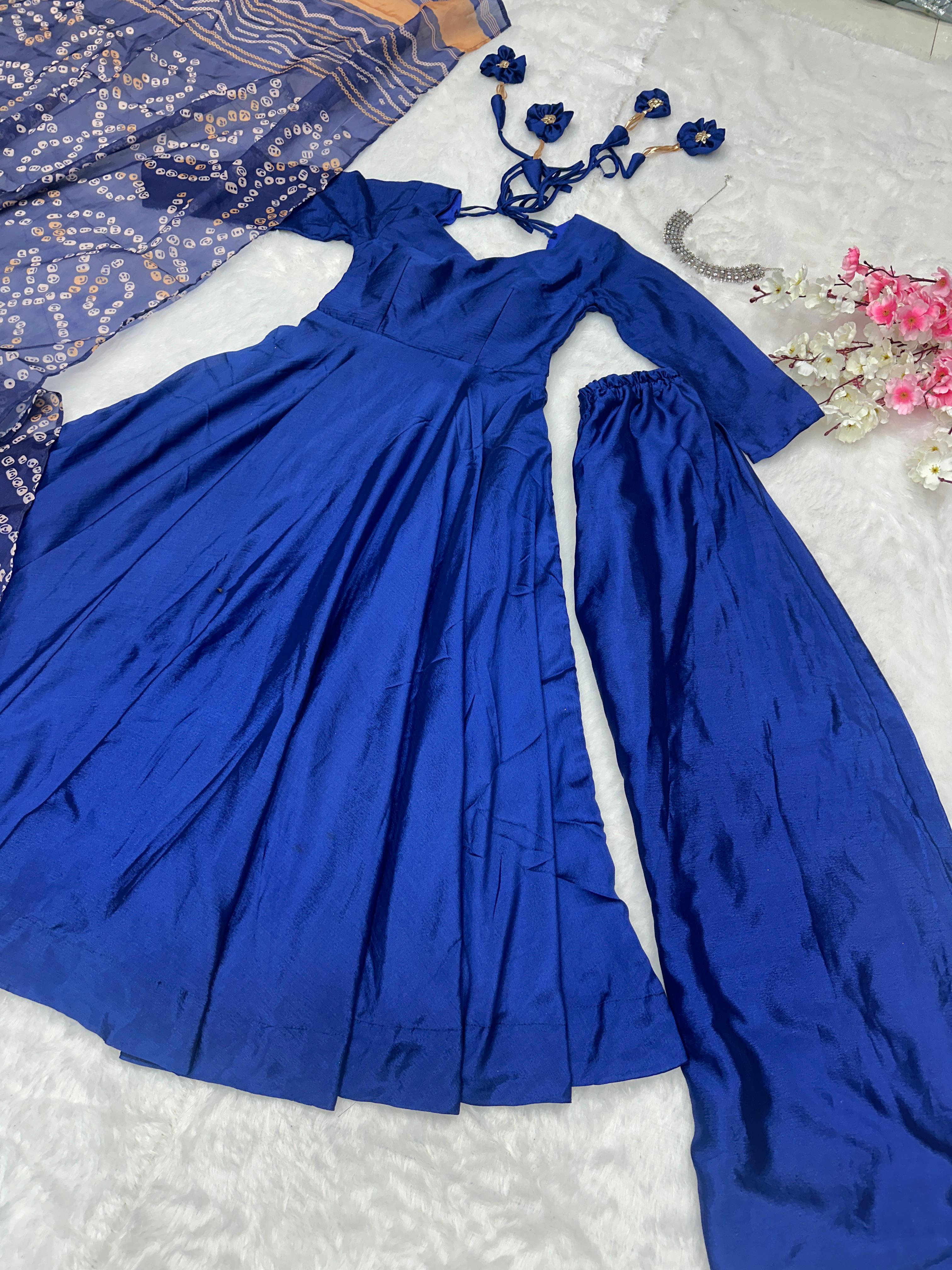 Party Wear Blue Color Designer Chinnon Silk Anarkali Palazzo Suit