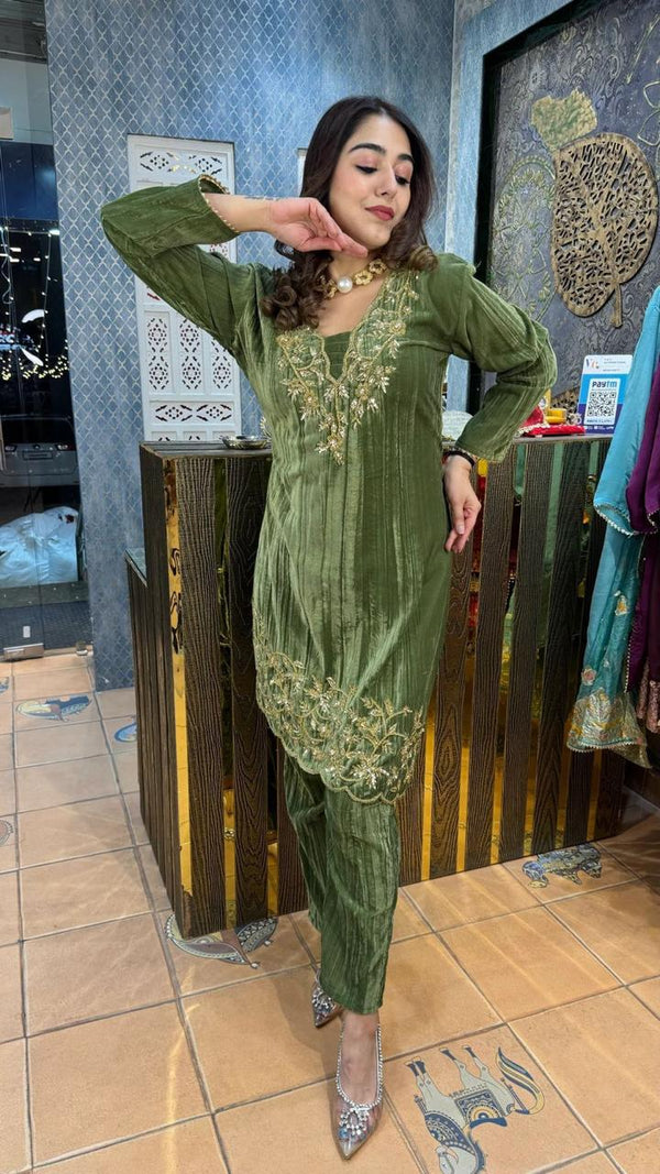 Marvelous Pista Green Color Blooming Velvet With Embroidery Work On Neck Beautiful Velvet Suit