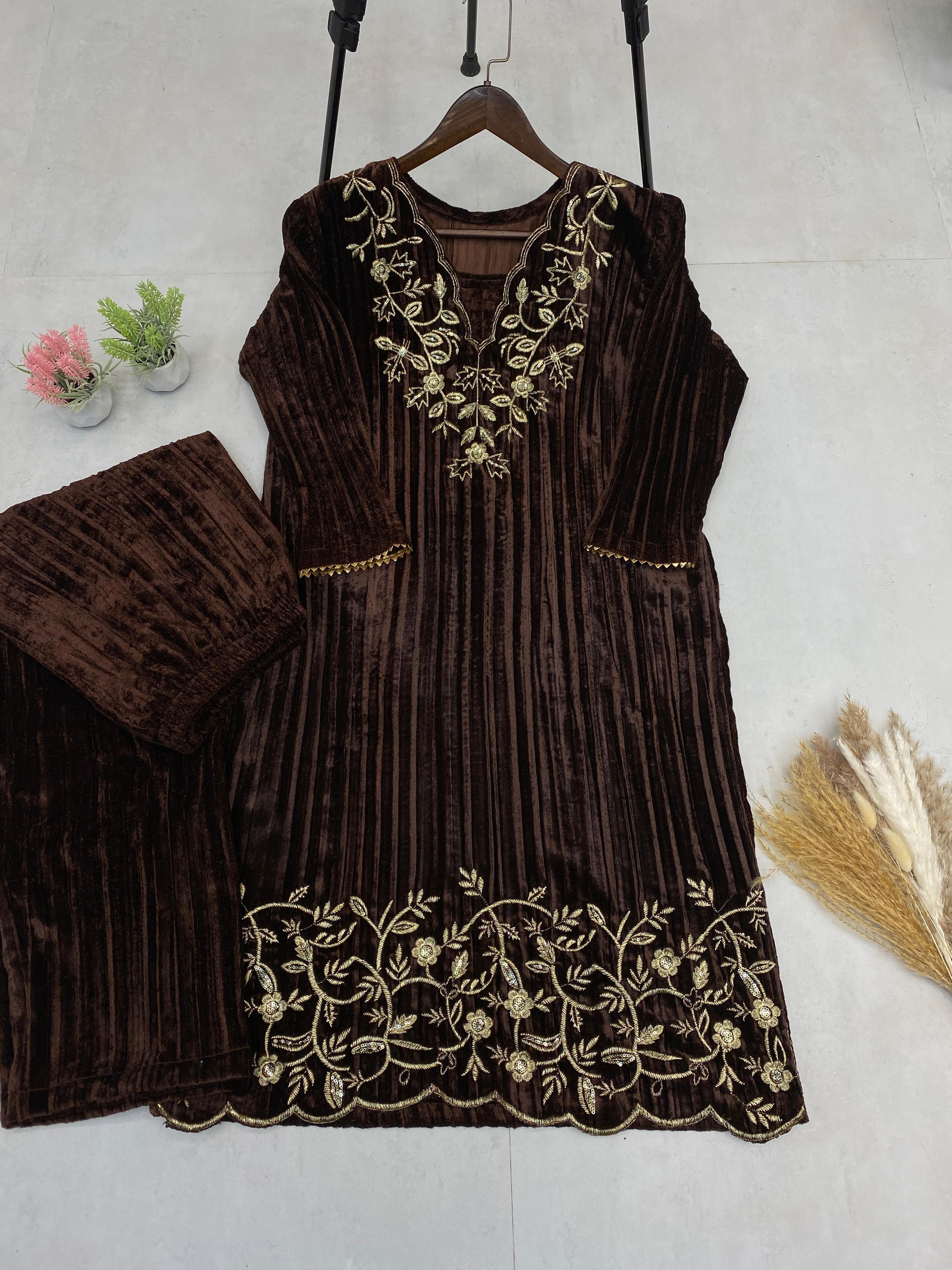 Marvelous Coffee Color Blooming Velvet With Embroidery Work On Neck Beautiful Velvet Suit