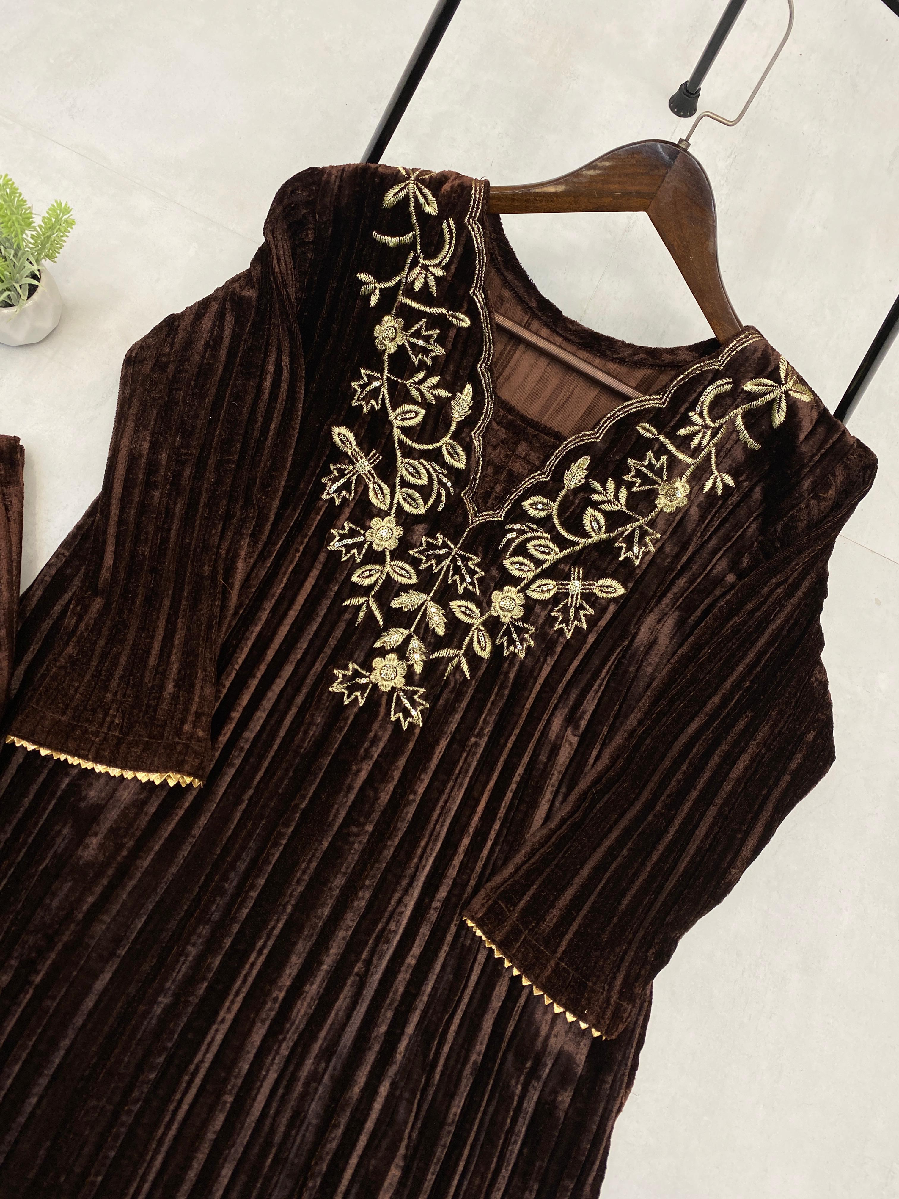 Marvelous Coffee Color Blooming Velvet With Embroidery Work On Neck Beautiful Velvet Suit