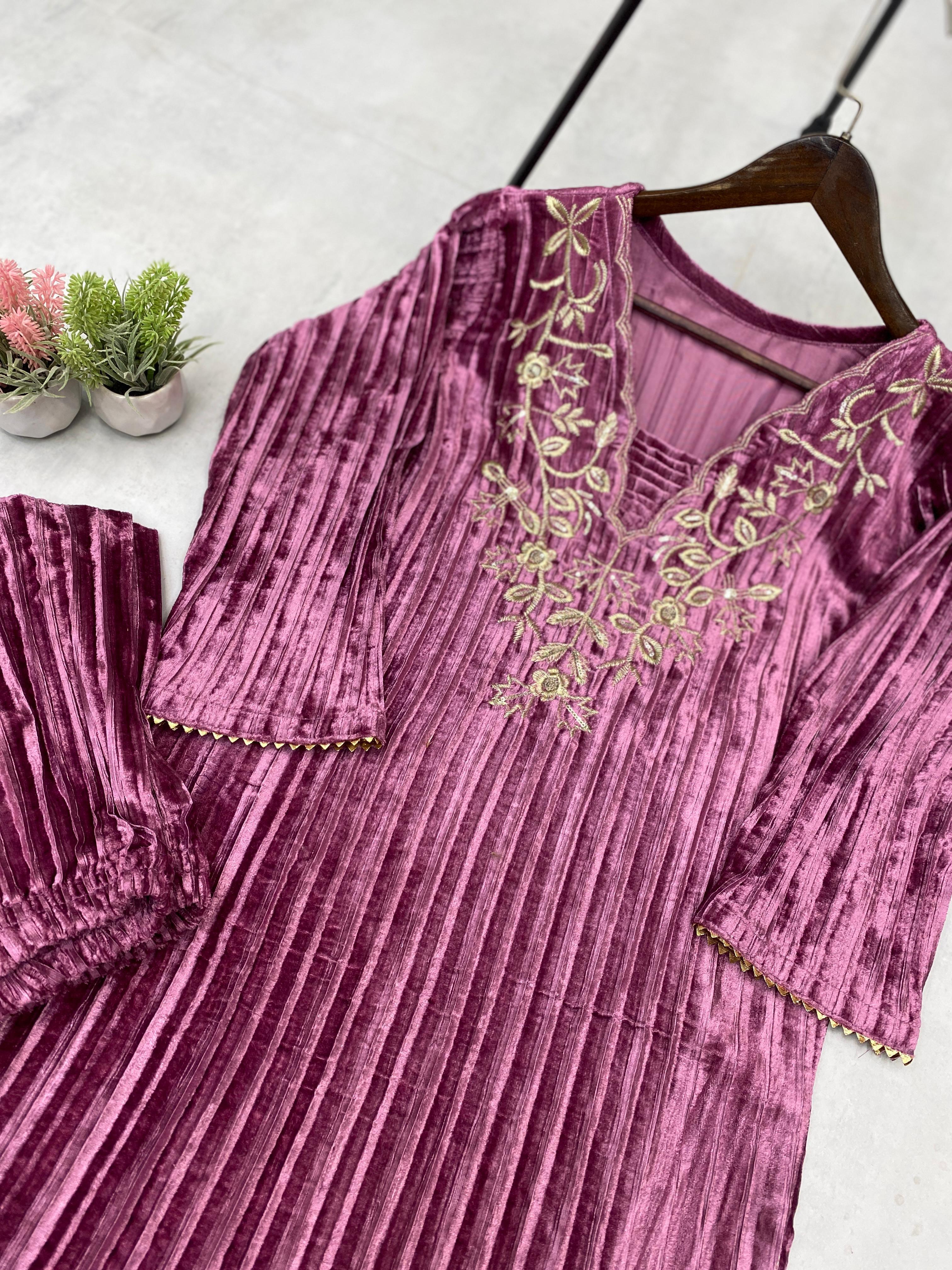 Marvelous Pink Color Blooming Velvet With Embroidery Work On Neck Beautiful Velvet Suit