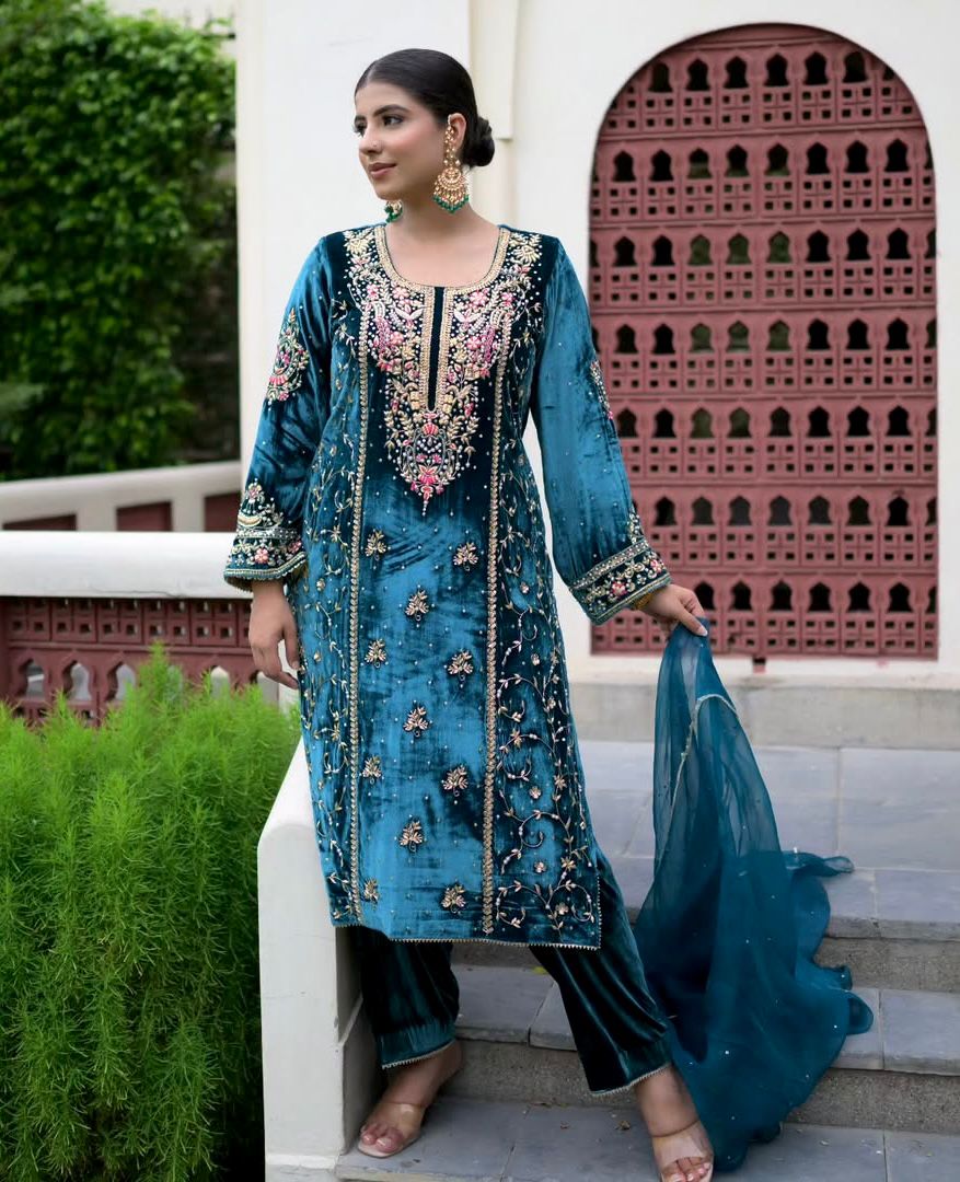 Ceremony Wear Teal Blue Color Heavy Pure Viscose Velvet With Embroidery 5mm Sequence Work Salwar Suit