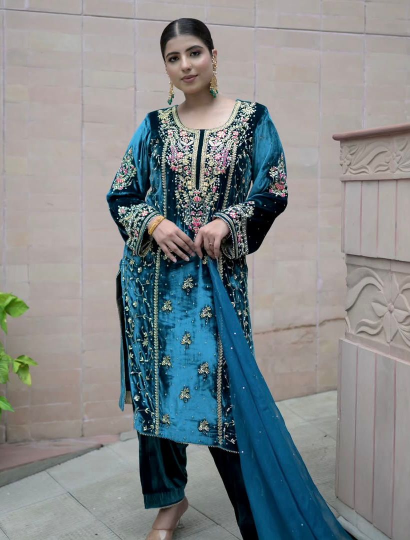 Ceremony Wear Teal Blue Color Heavy Pure Viscose Velvet With Embroidery 5mm Sequence Work Salwar Suit