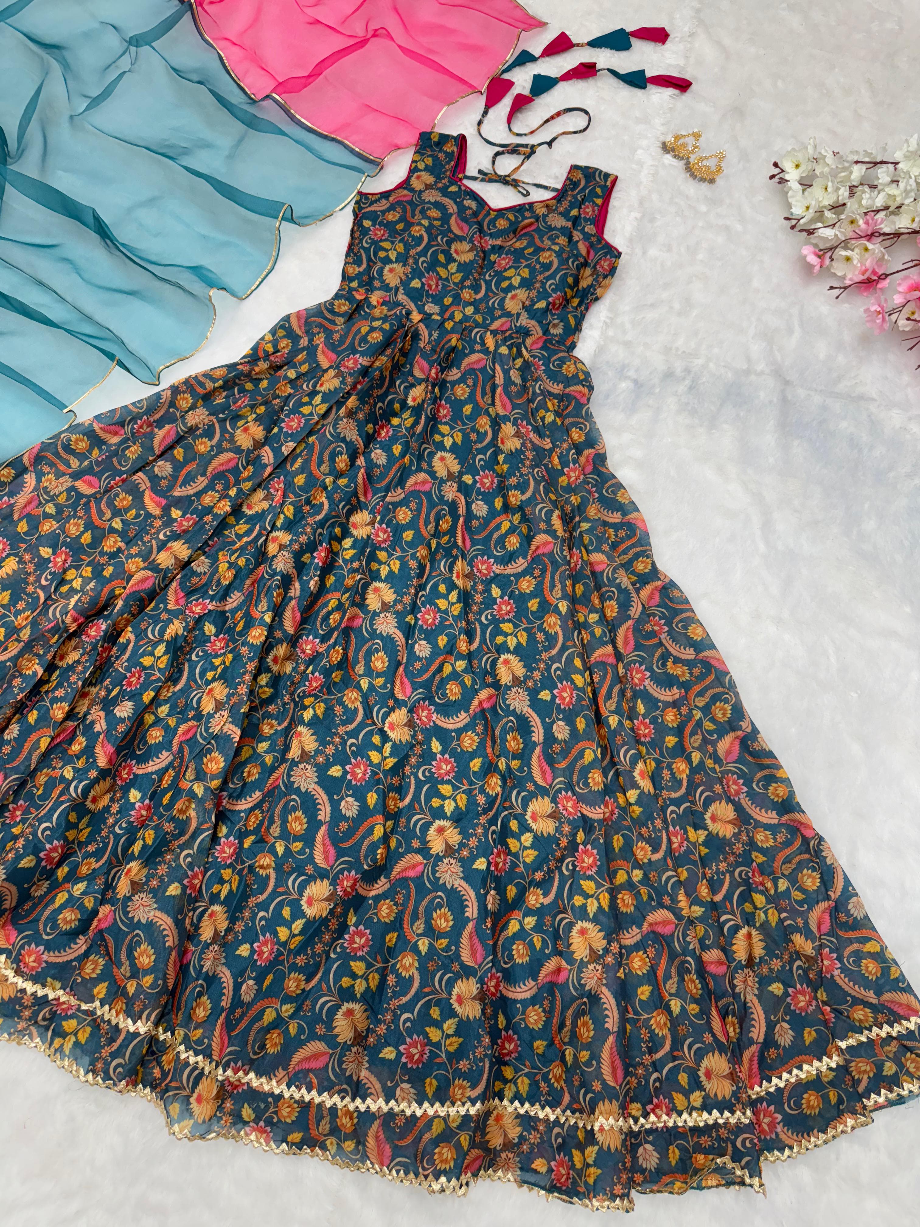Trendy Teal Color Digital Printed Jimmy Organza Silk Designer Anarkali Gown