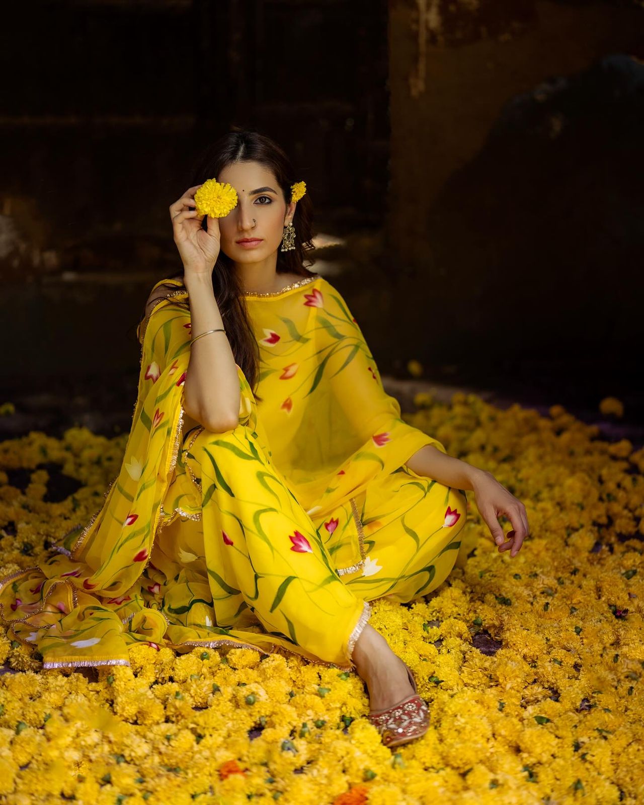 Haldi Wear Yellow Color Digital Printed Organza Kurta With Sharara Suit