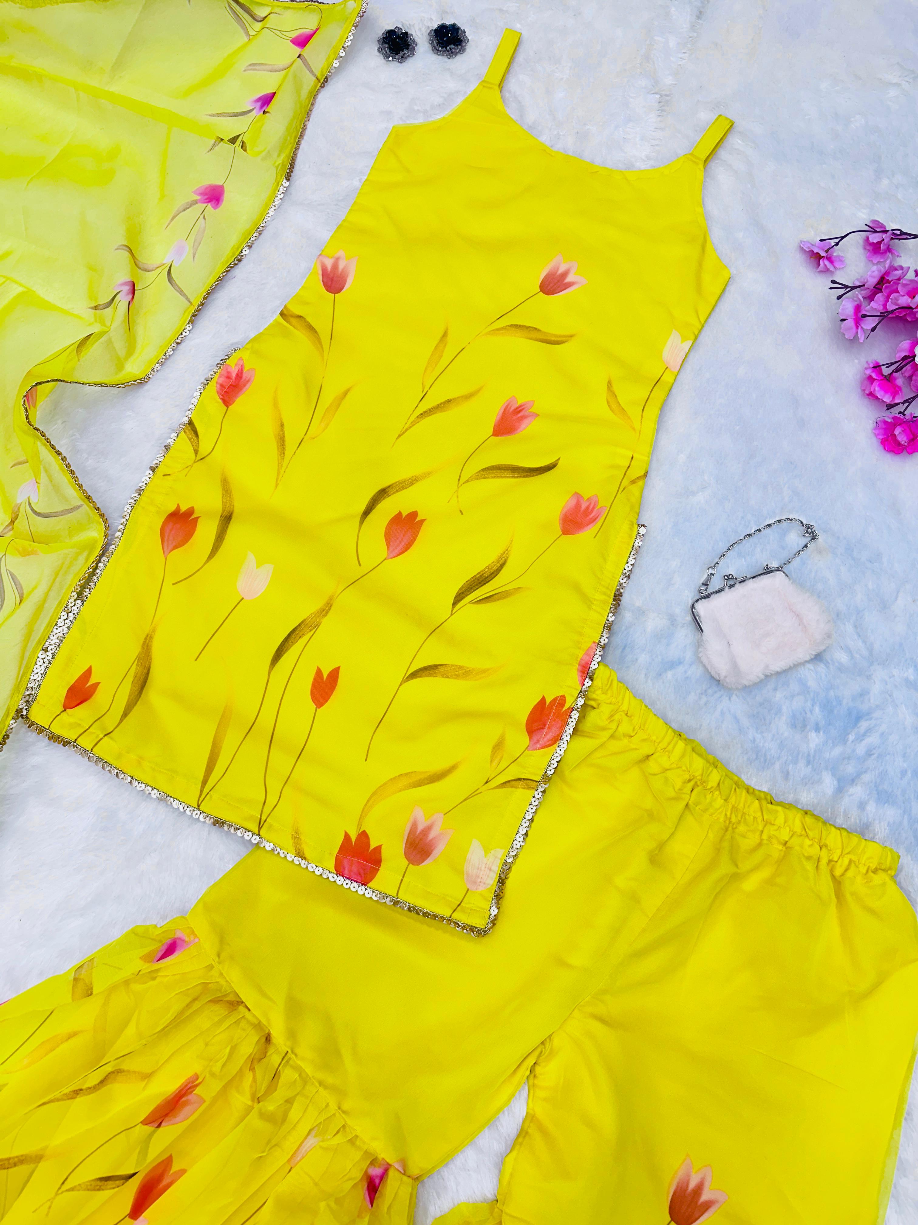 Haldi Wear Yellow Color Digital Printed Organza Kurta With Sharara Suit