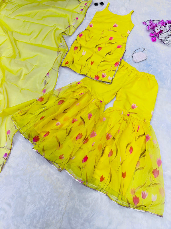 Haldi Wear Yellow Color Digital Printed Organza Kurta With Sharara Suit