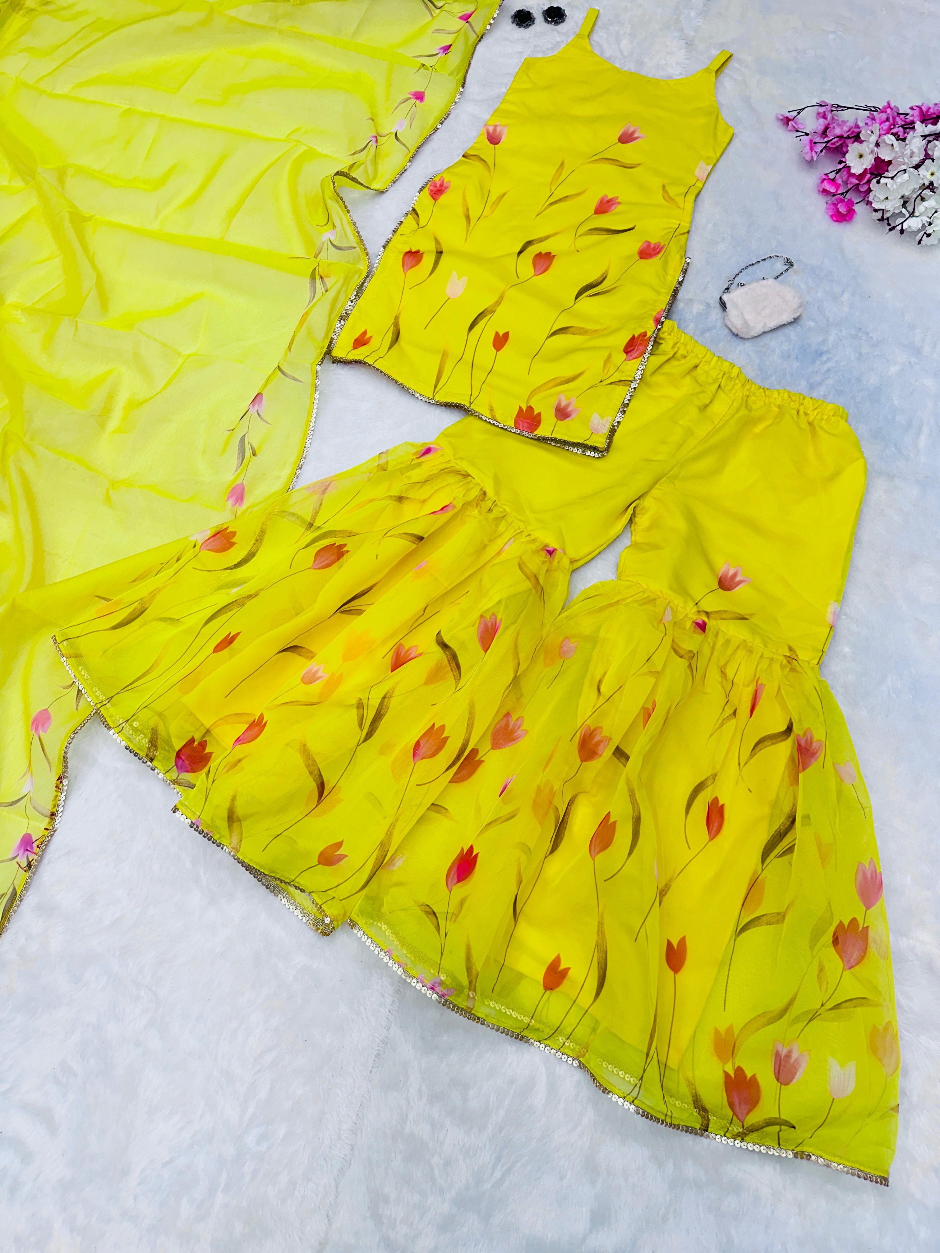 Haldi Wear Yellow Color Digital Printed Organza Kurta With Sharara Suit